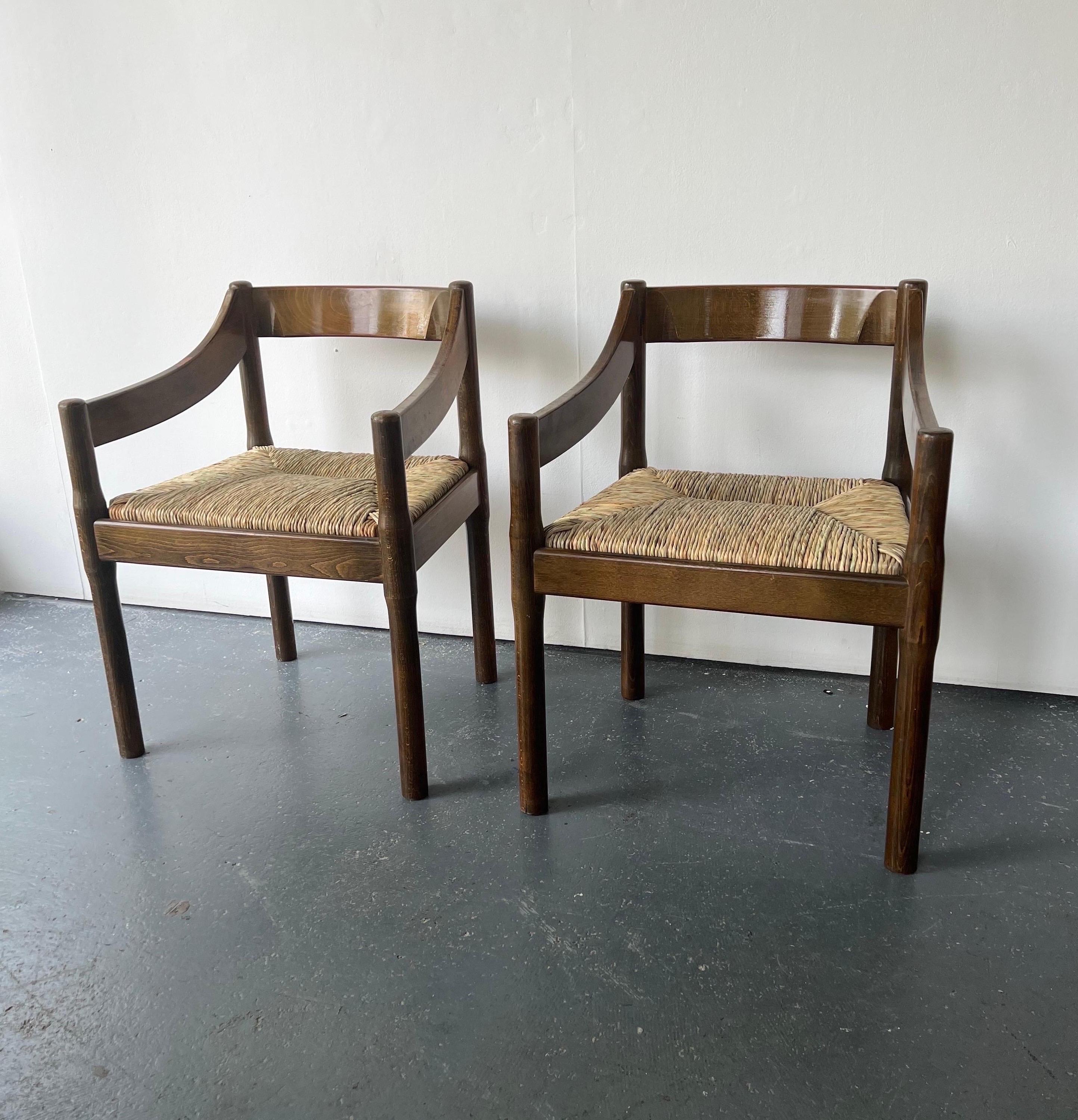 Mid-Century Modern Pair of Dark Wood Carimate Carver Chairs by Vico Magistretti