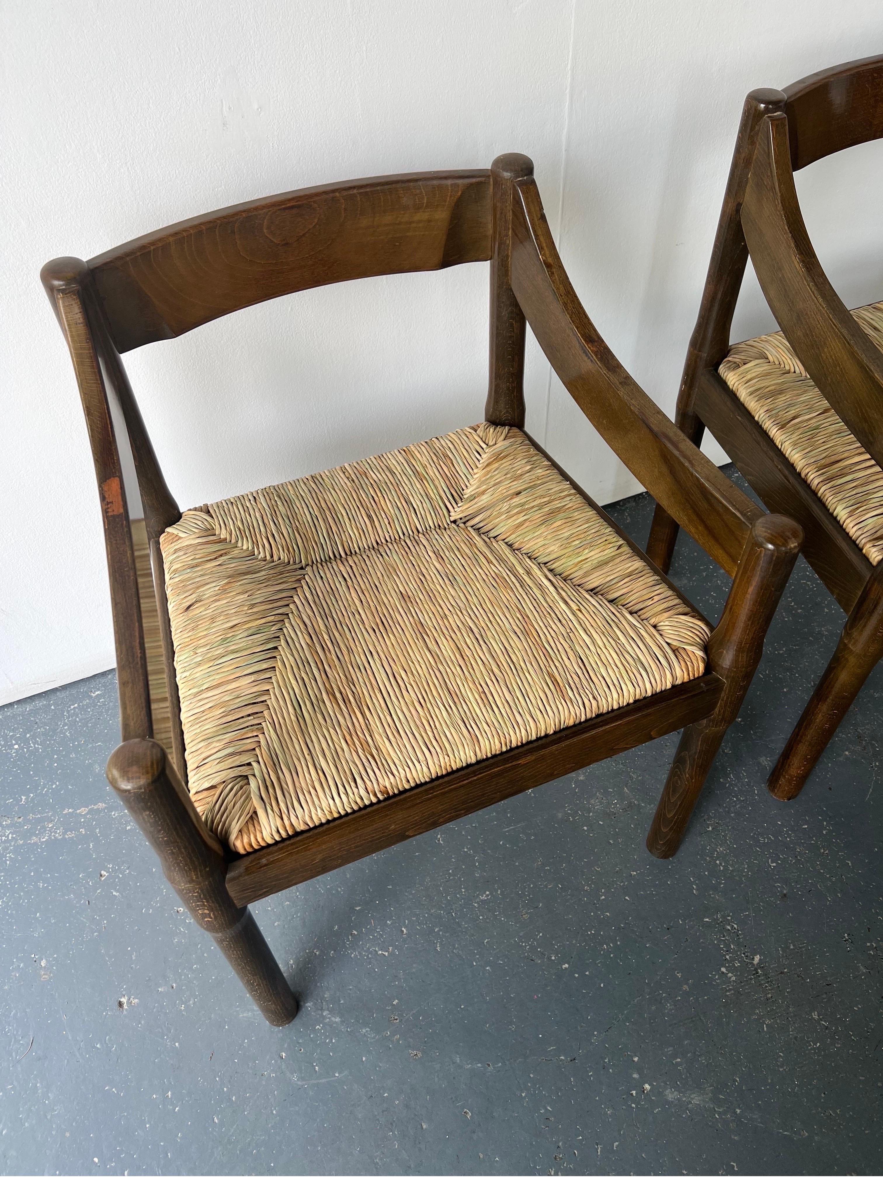 Italian Pair of Dark Wood Carimate Carver Chairs by Vico Magistretti