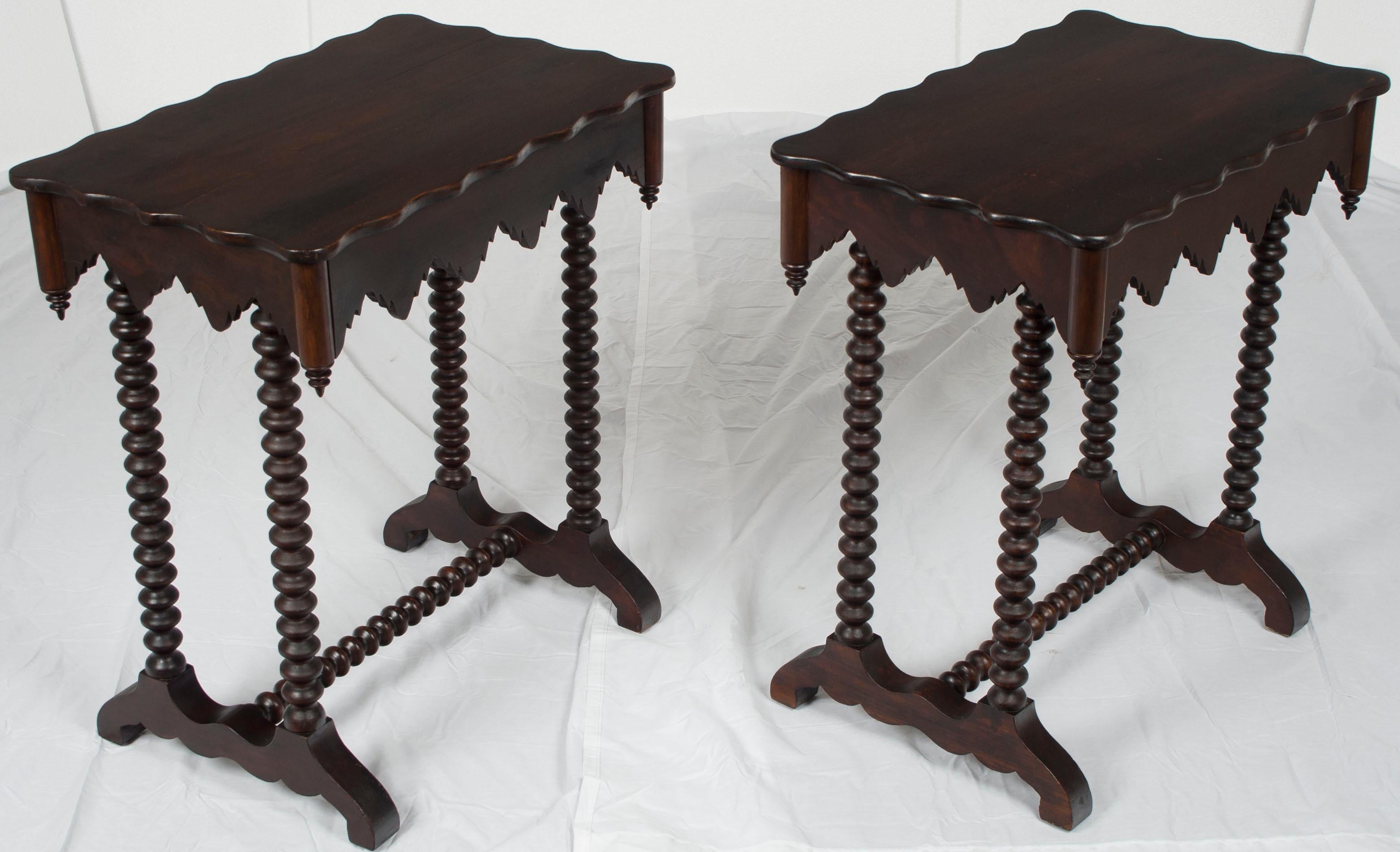 English Pair of Dark Wood Twist Leg Matching Gothic Style End Tables with Drawers