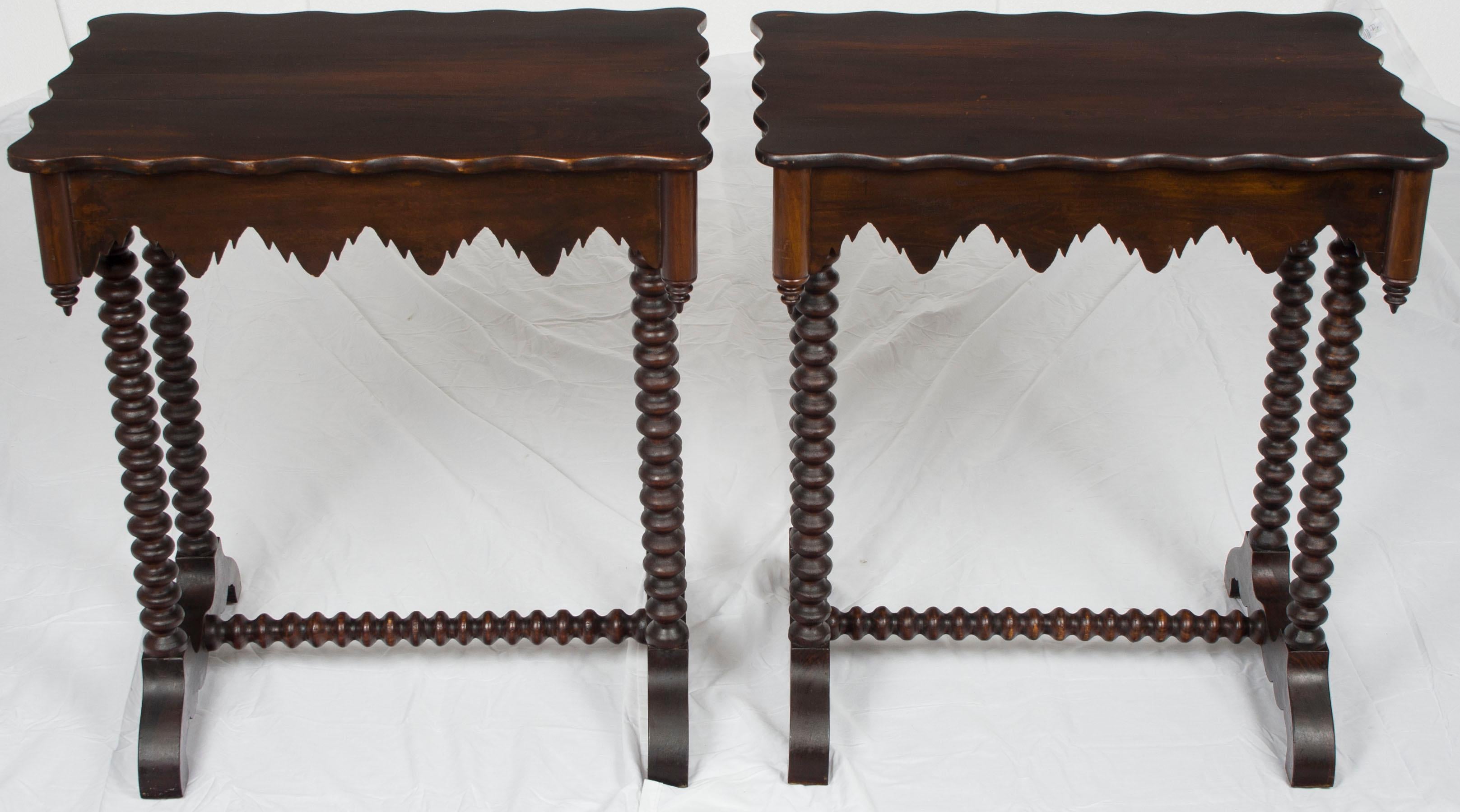 Mid-20th Century Pair of Dark Wood Twist Leg Matching Gothic Style End Tables with Drawers