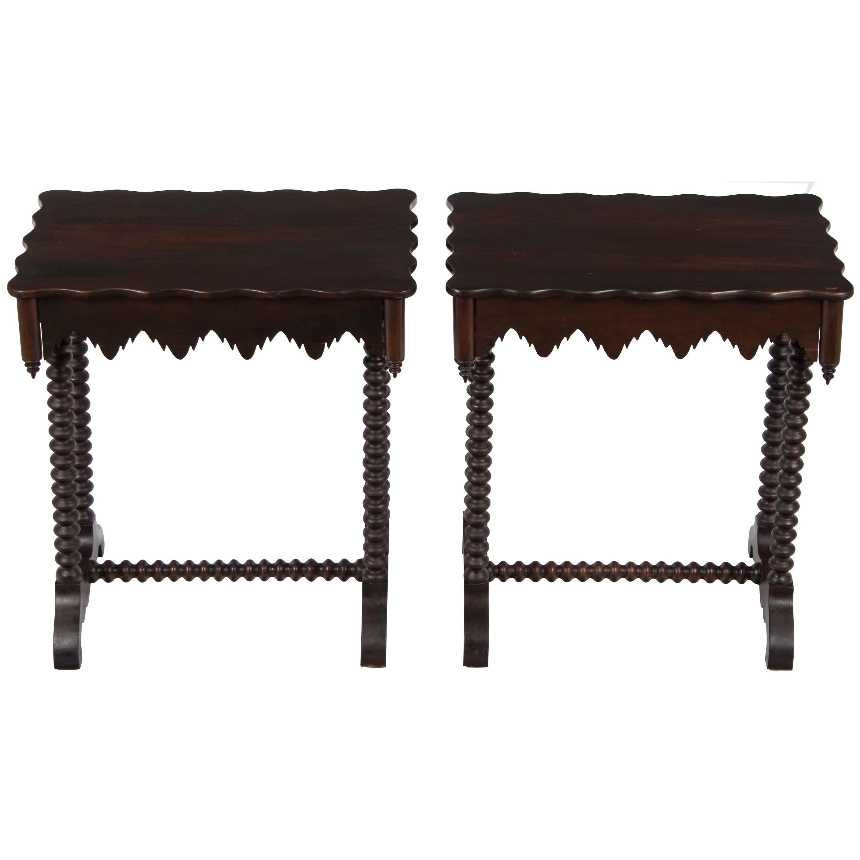 Pair of Dark Wood Twist Leg Matching Gothic Style End Tables with Drawers