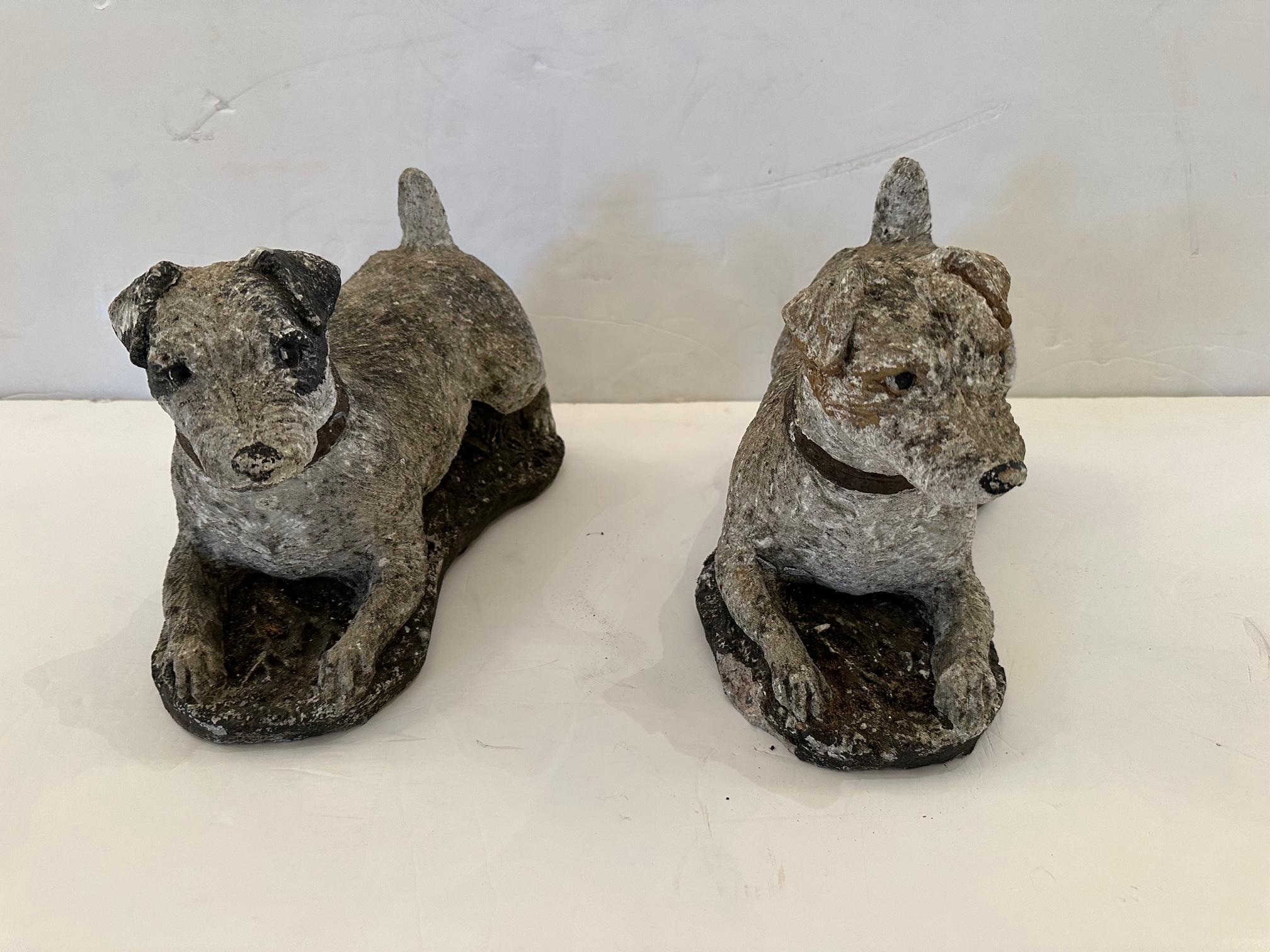 Pair of Darling Antique Painted Concrete Garden Statues Jack Russell Dogs 5