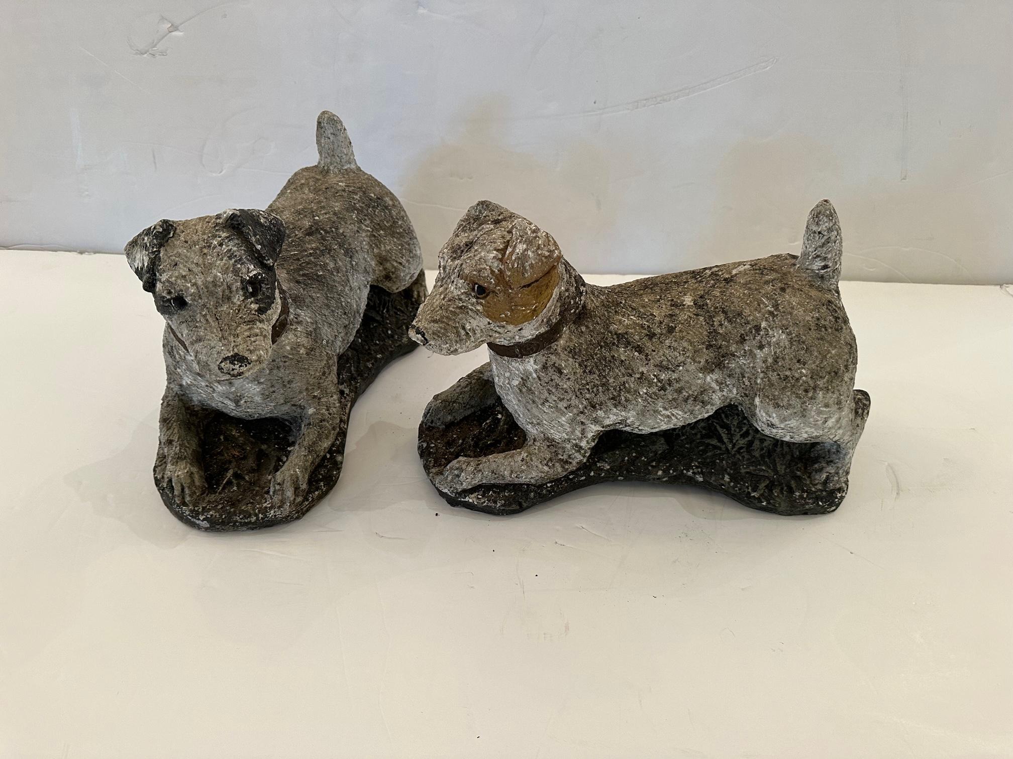 Mid-20th Century Pair of Darling Antique Painted Concrete Garden Statues Jack Russell Dogs