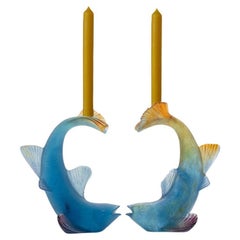 Pair of Daum Art Glass Multicolor Fishes Candle Holder, France
