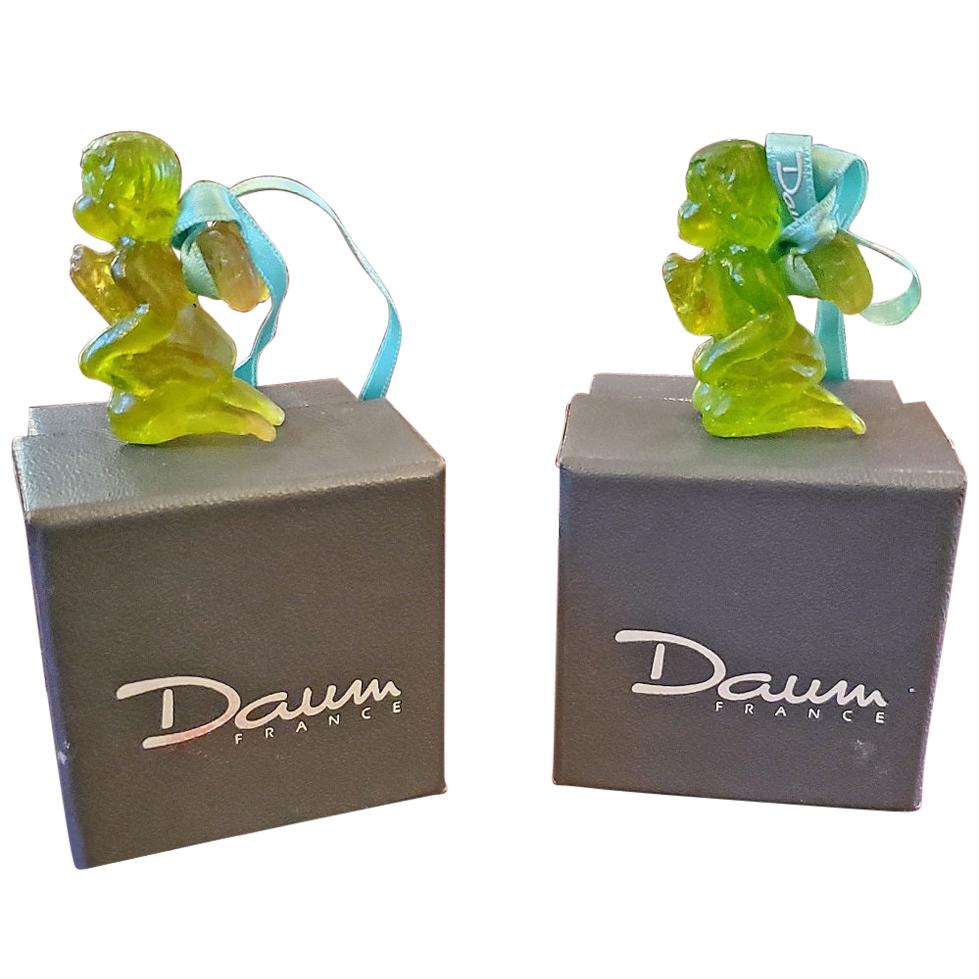 Pair of Daum Glass Xmas Tree Cherub Decorations