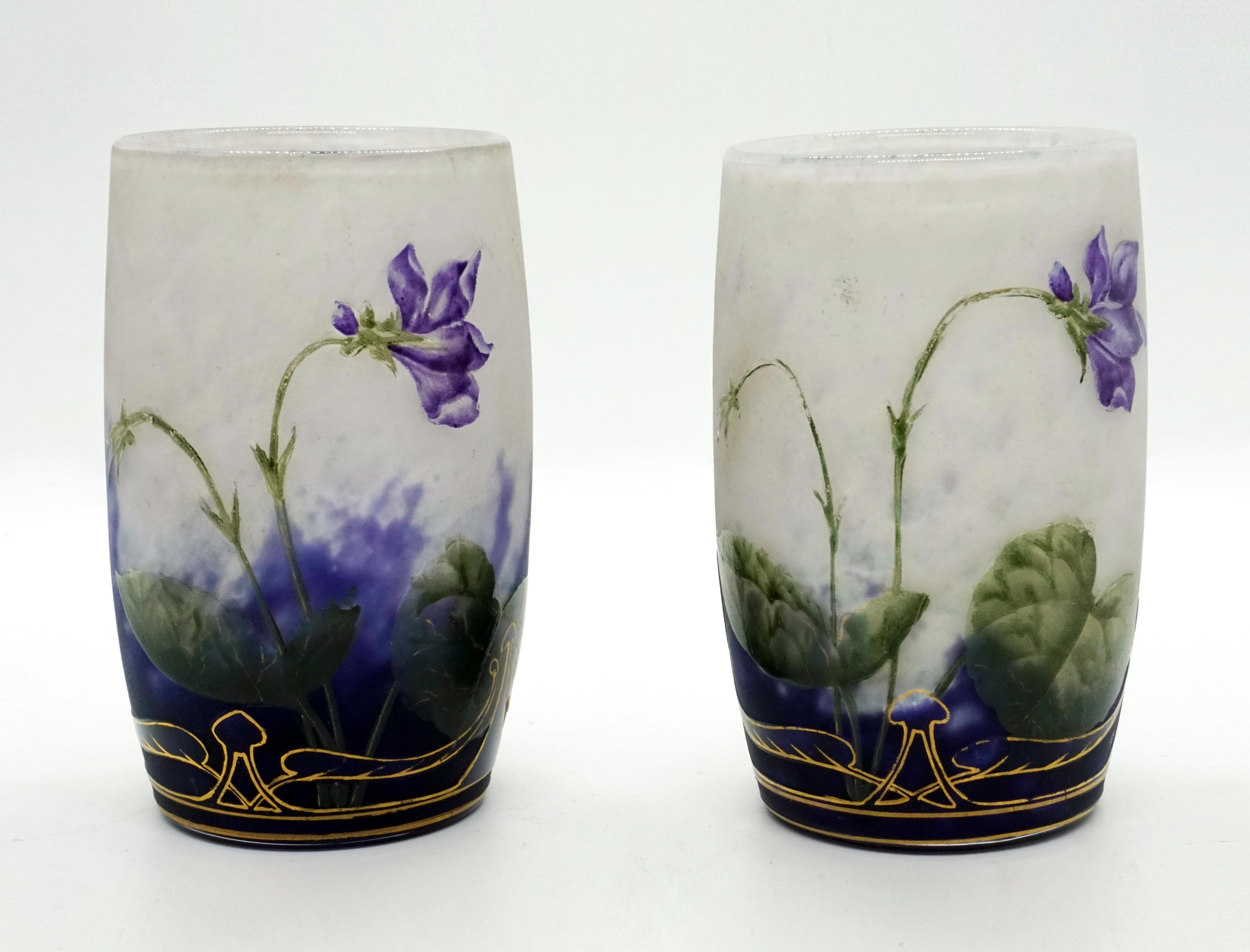 French Pair of Daum Nancy Art Nouveau Vases with Violet Decor, France, 1890-1895