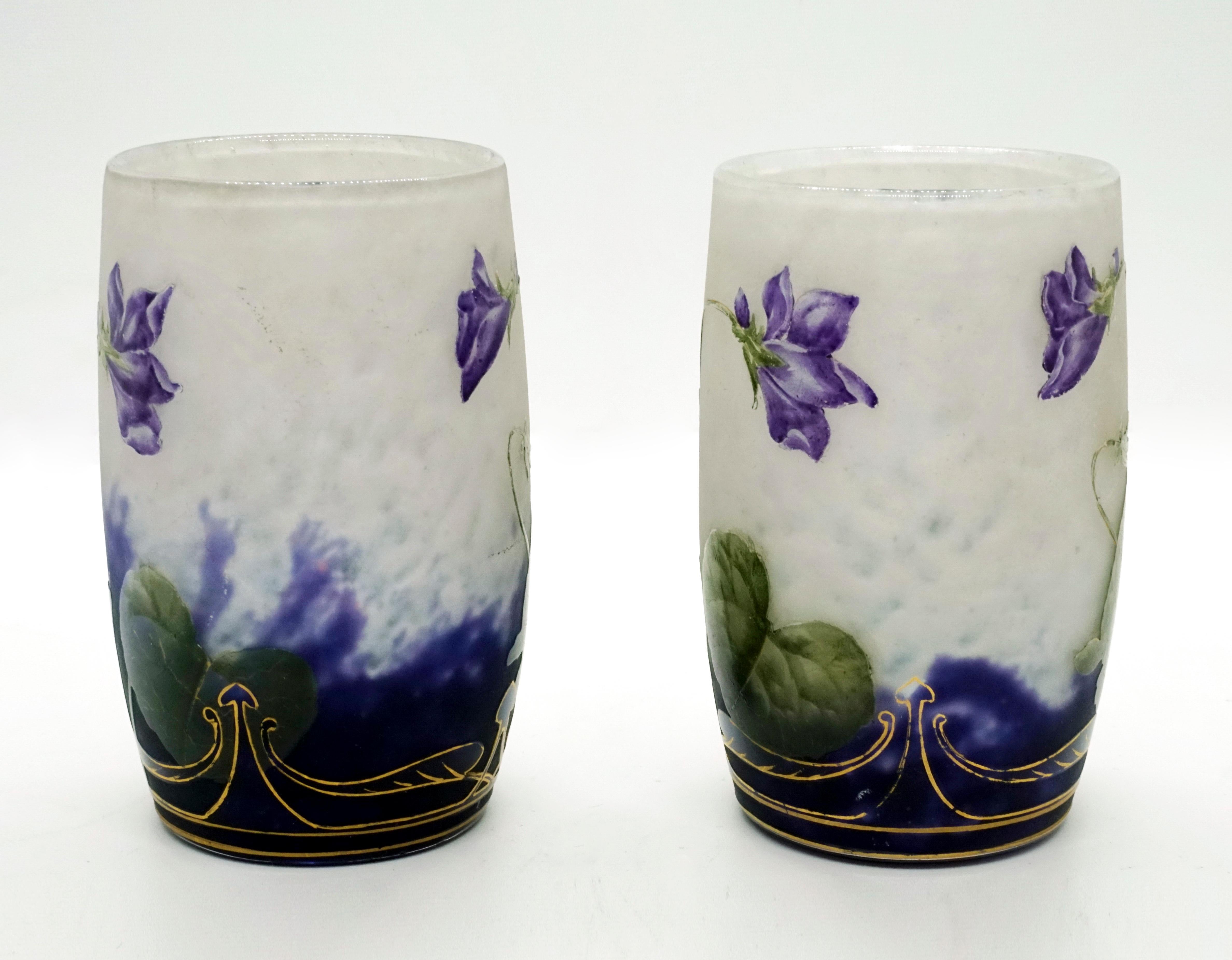 Etched Pair of Daum Nancy Art Nouveau Vases with Violet Decor, France, 1890-1895