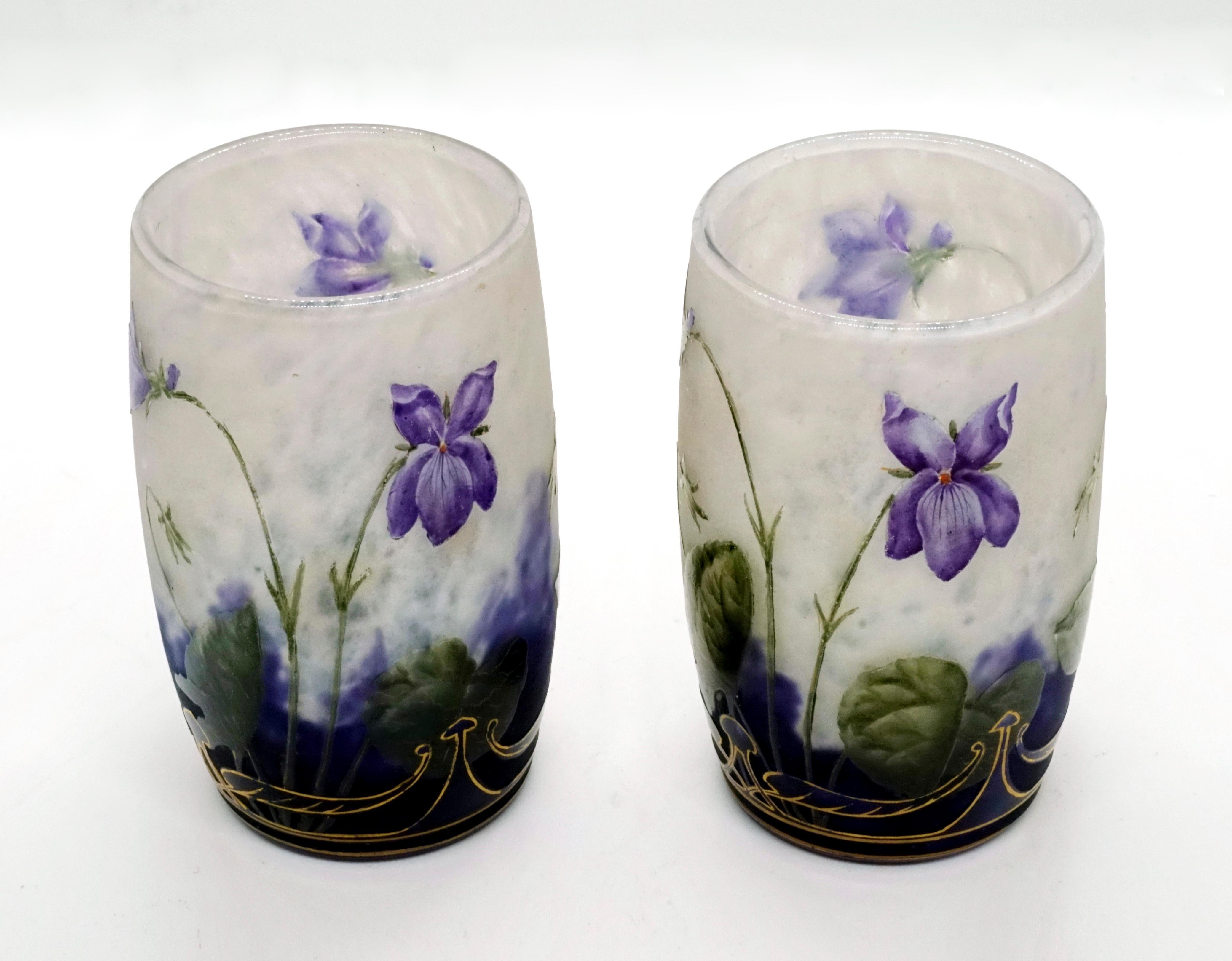 Pair of Daum Nancy Art Nouveau Vases with Violet Decor, France, 1890-1895 In Good Condition In Vienna, AT