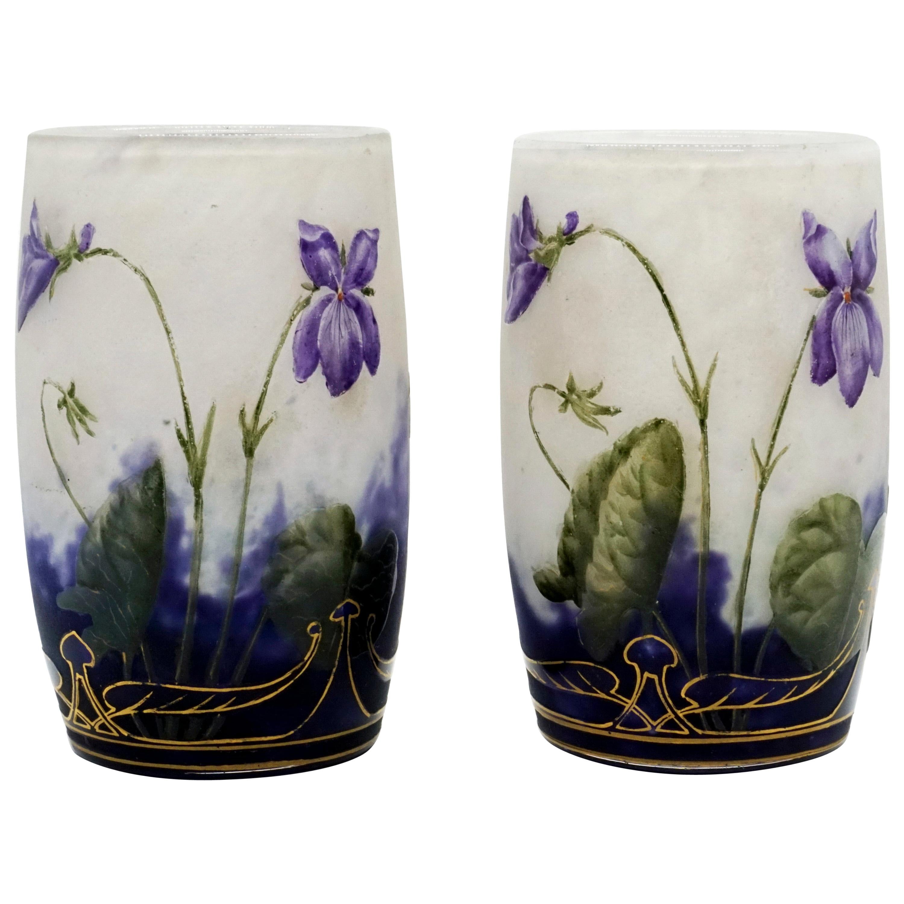 Pair of Daum Nancy Art Nouveau Vases with Violet Decor, France, 1890-1895