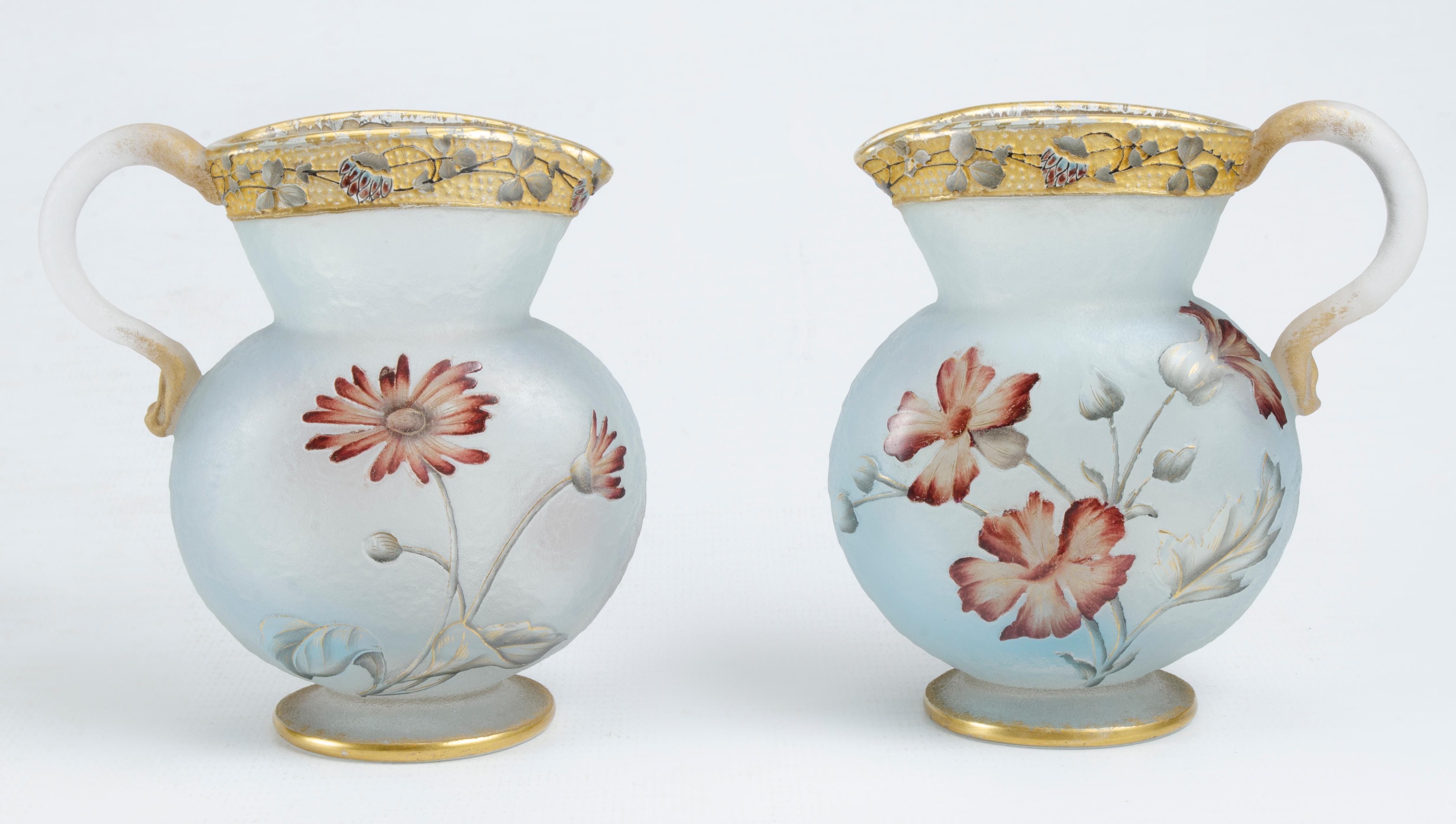 Pair of Daum Nancy miniture jugs
Origin France Circa 1900
Perfect condition without restorations
Enamel with natural wear
Gold signature on its base with a cross of Lorraine
Technique: acid etching, textured background and polychrome enamels and