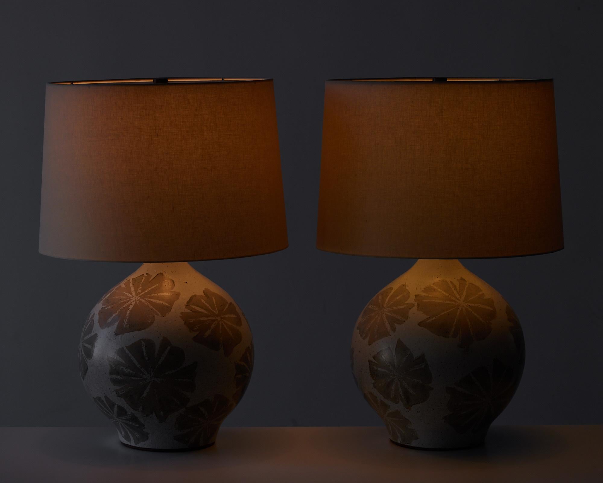 Pair of David Cressey Floral Ceramic Glazed Lamps In Excellent Condition In Los Angeles, CA