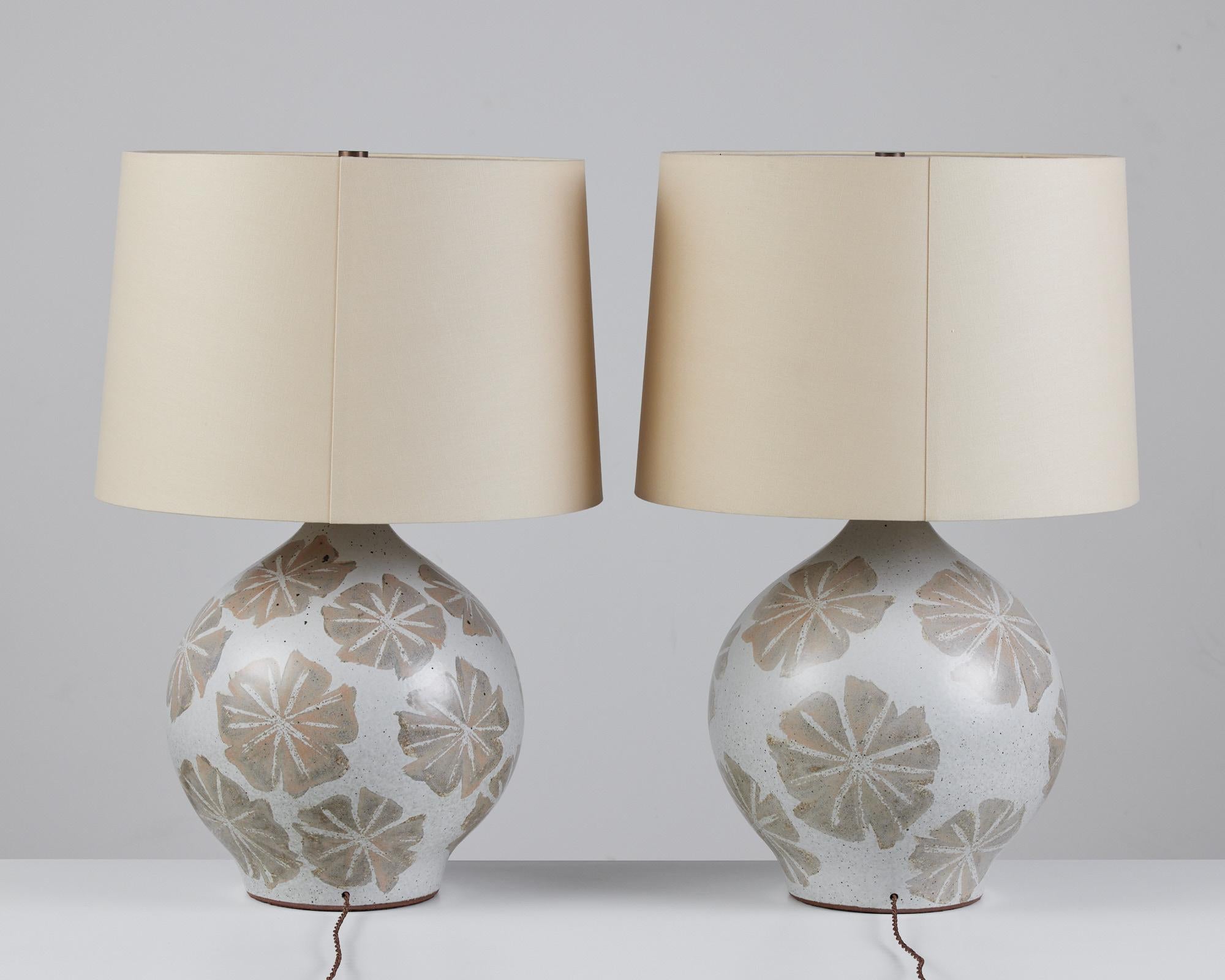 Mid-20th Century Pair of David Cressey Floral Ceramic Glazed Lamps