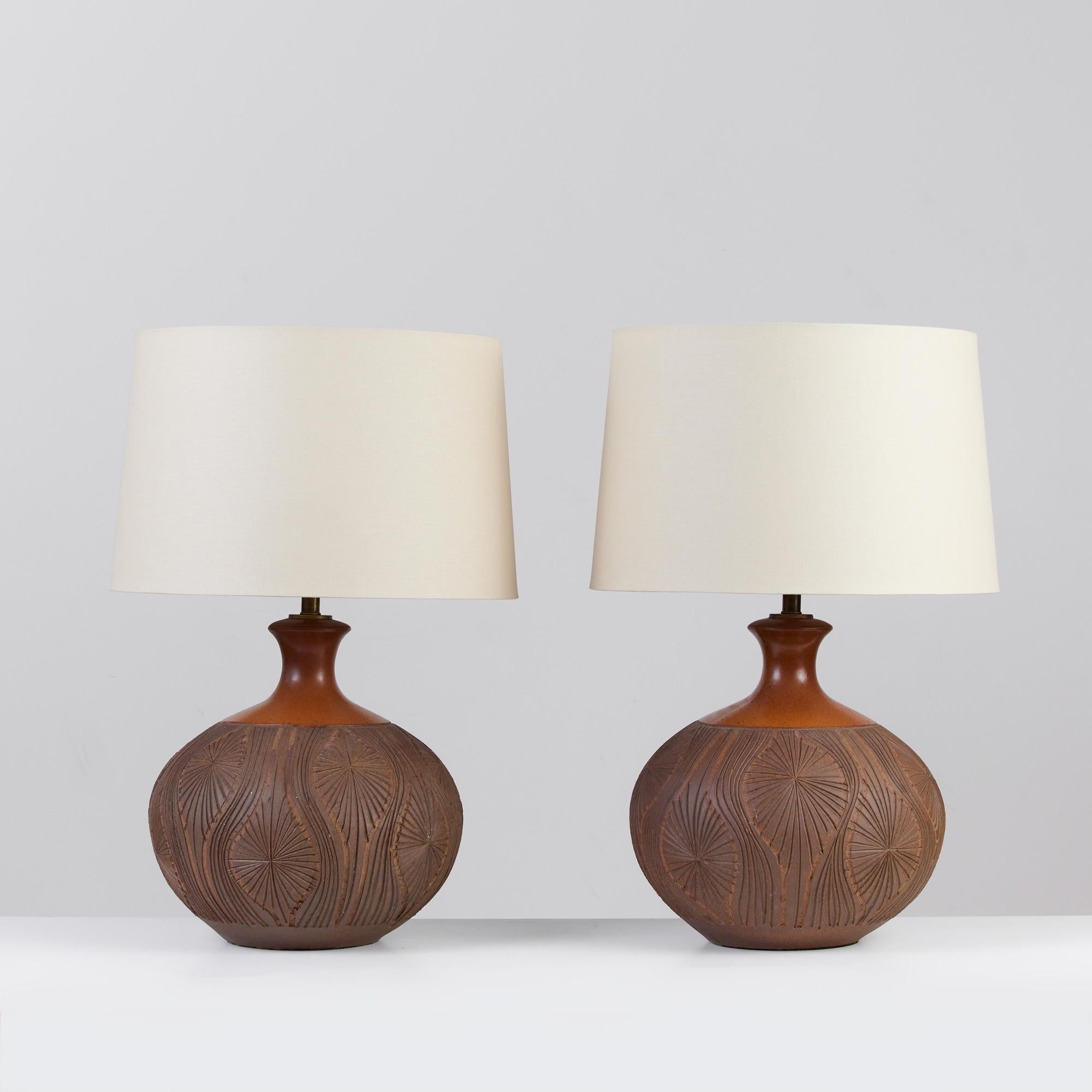 This pair of table lamps is a result of the collaboration between David Cressey & Robert Maxwell to create their line, Earthgender. The wheel thrown stoneware lamps feature the iconic 