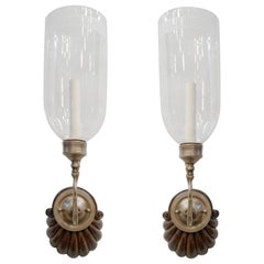 Pair of David Duncan Scallop Sconces with Greek Fret Etched Hurricane Shades