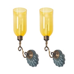 Pair of David Duncan Scallop Shell Sconces with Yellow Hurricane Shades