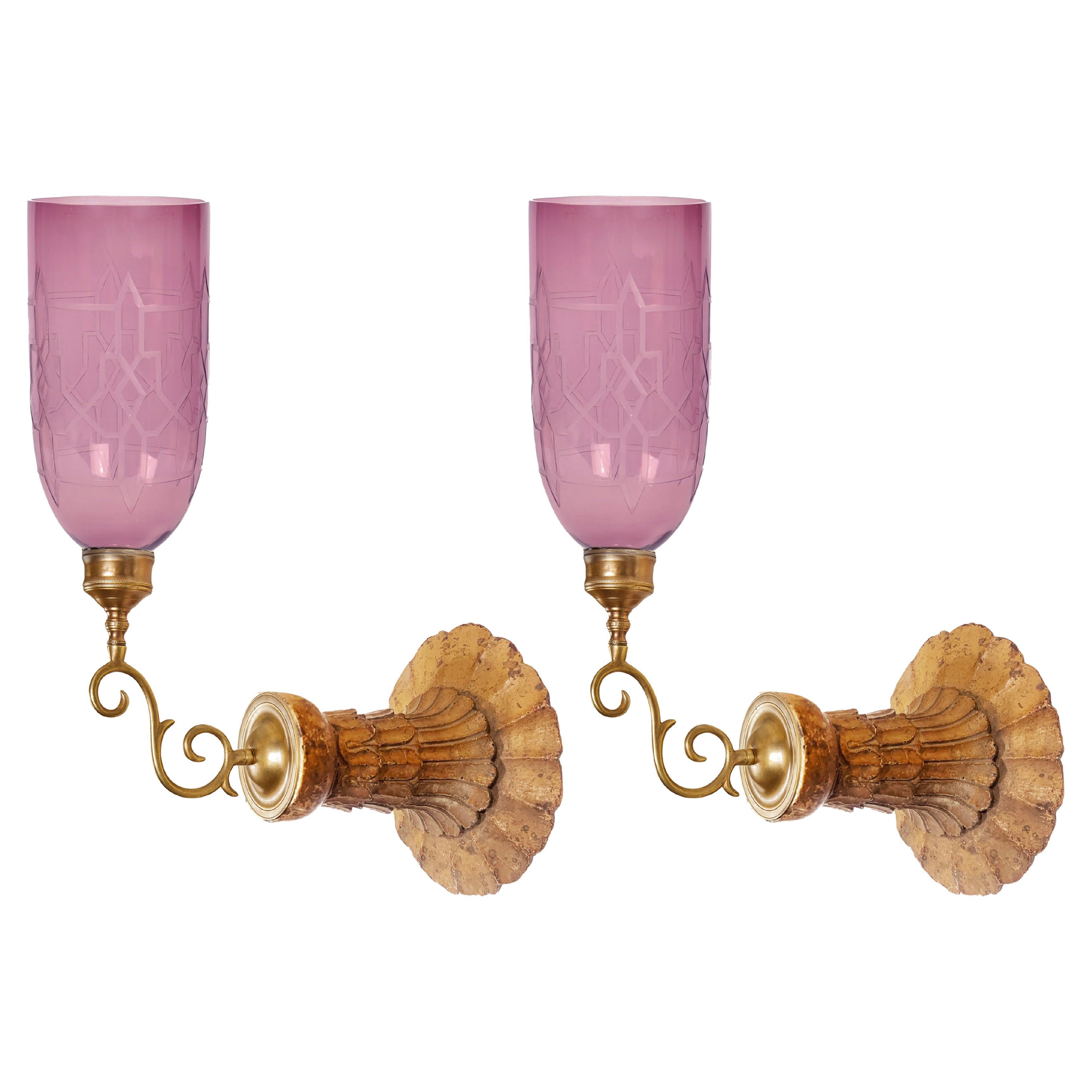 Pair of David Duncan Sconces with Anuket Backplates and Purple Etched Shades For Sale