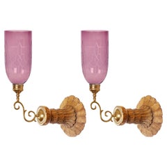 Pair of David Duncan Sconces with Anuket Backplates and Purple Etched Shades