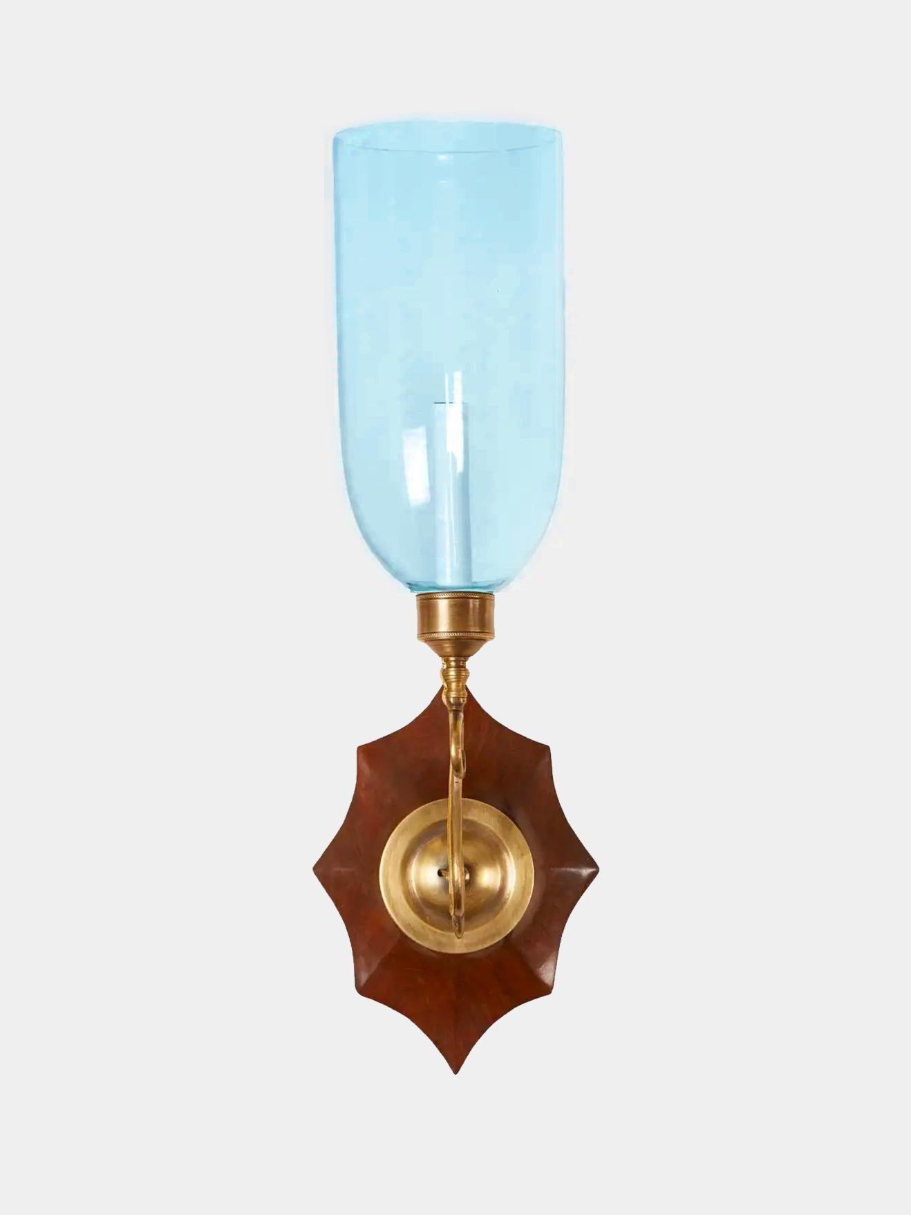 Hand-Carved Pair of David Duncan Studio Boissy Sconces with Blue Hurricane Shades For Sale