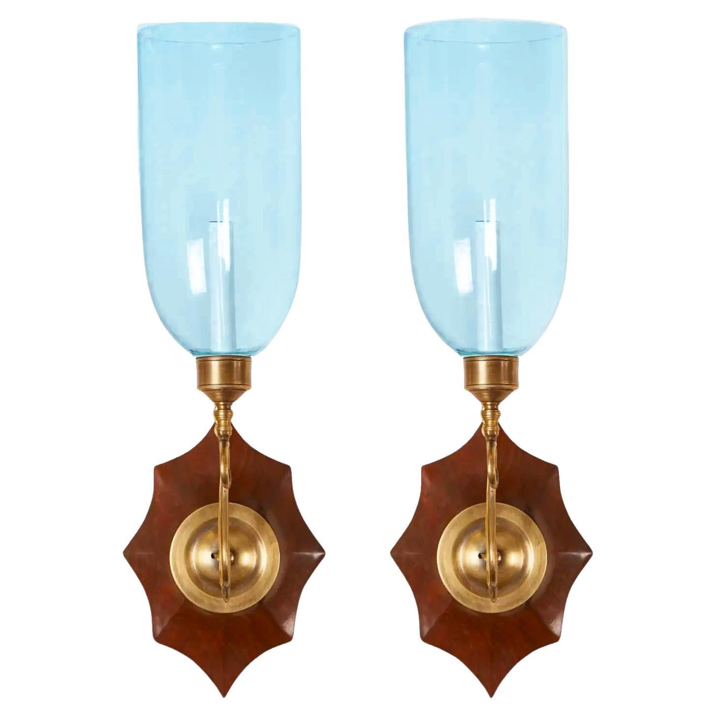 Pair of David Duncan Studio Boissy Sconces with Blue Hurricane Shades For Sale