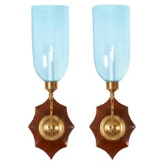 Pair of David Duncan Studio Boissy Sconces with Blue Hurricane Shades