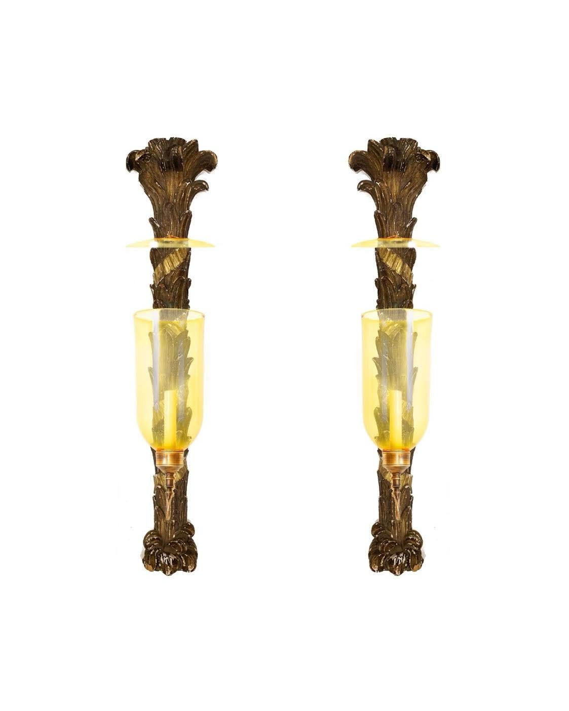 Hand-Carved Pair of David Duncan Studio Palm Branch Sconces For Sale