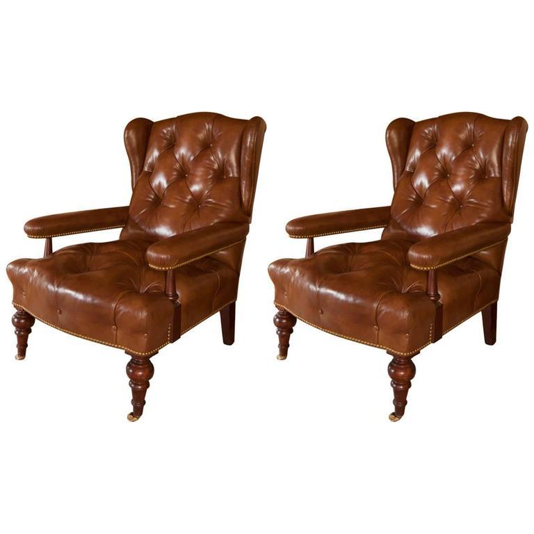 Pair of David Easton Tufted Leather Library Armchairs In Excellent Condition In New York, NY
