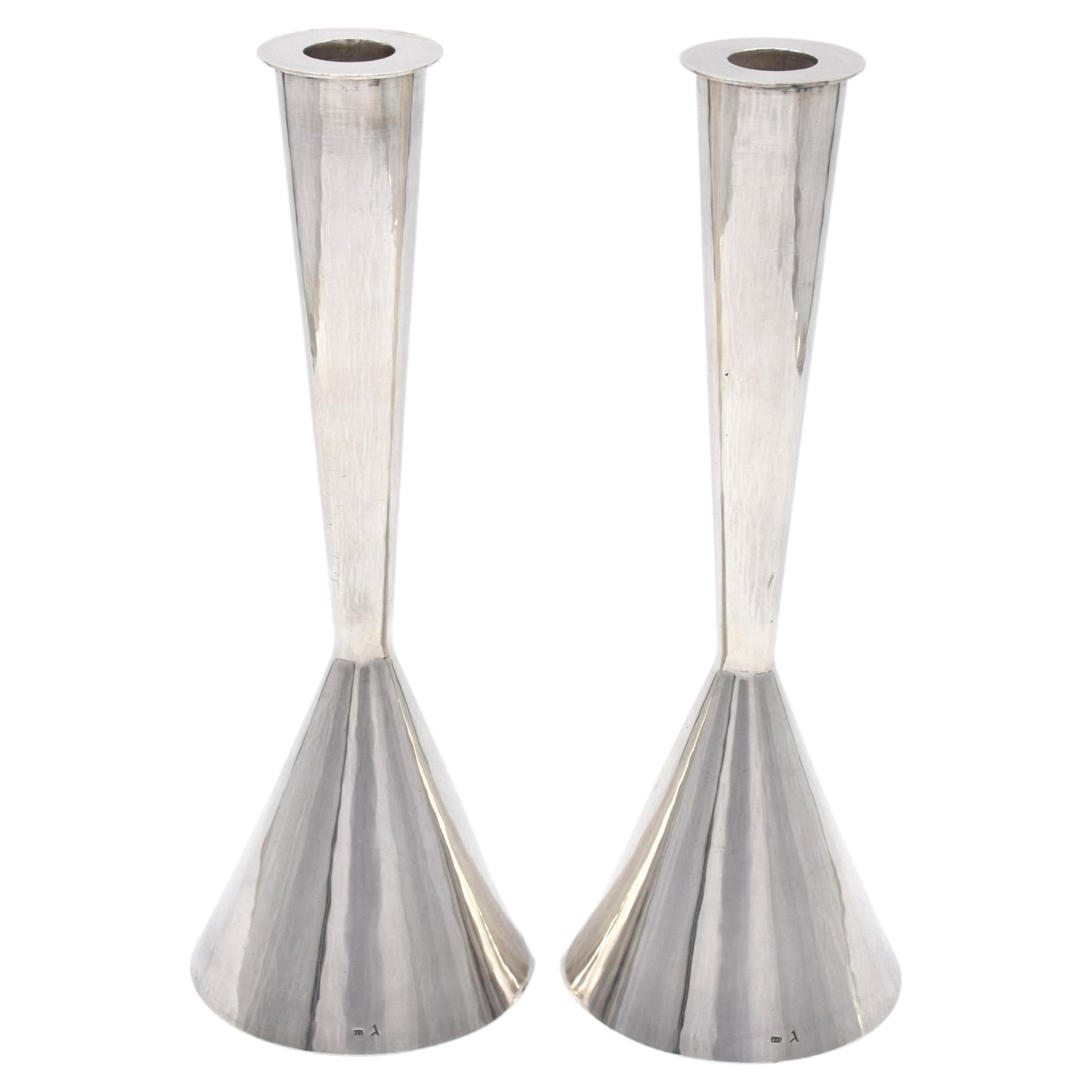 Pair of David Heinz Gumbel silver candlesticks, modern Judaica, Bauhaus style For Sale