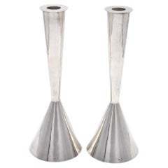 Retro Pair of David Heinz Gumbel silver candlesticks, modern Judaica, Bauhaus style