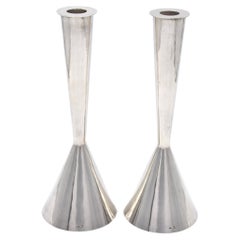 Vintage Pair of David Heinz Gumbel silver candlesticks, modern Judaica, Bauhaus style