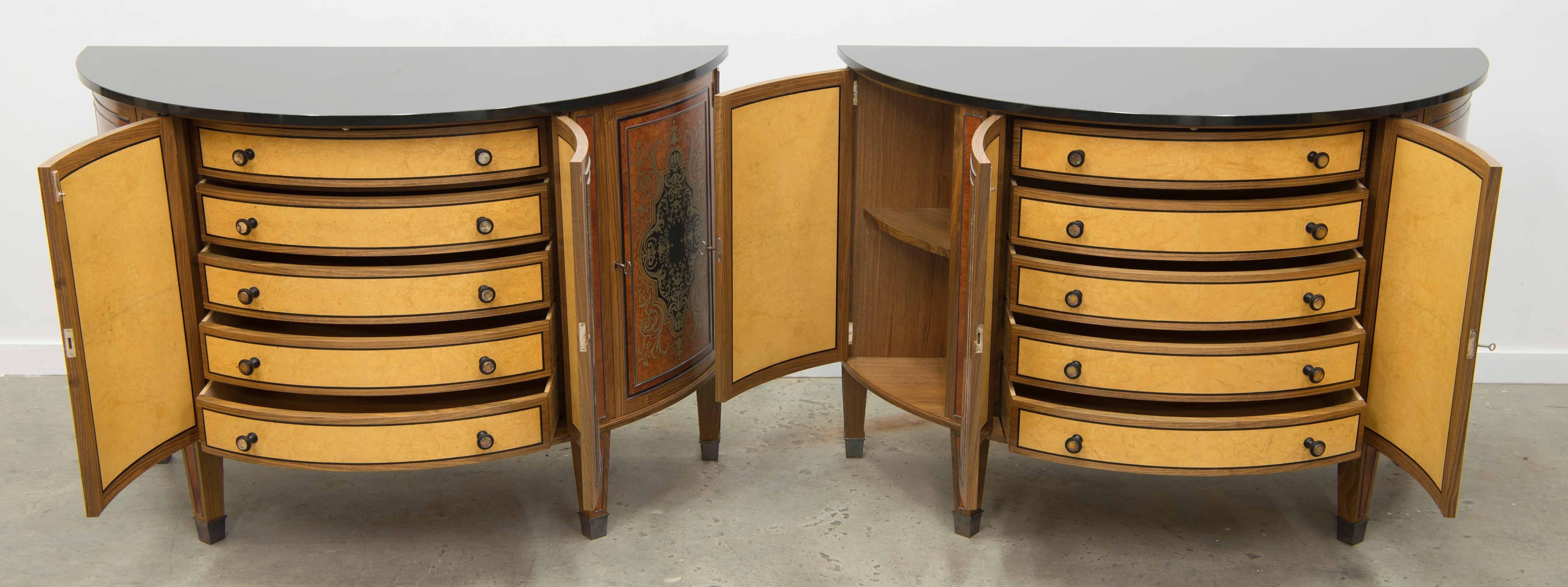 British Pair of David Linley Demilune Commodes with Black Marble Top and Boulle Inlay For Sale