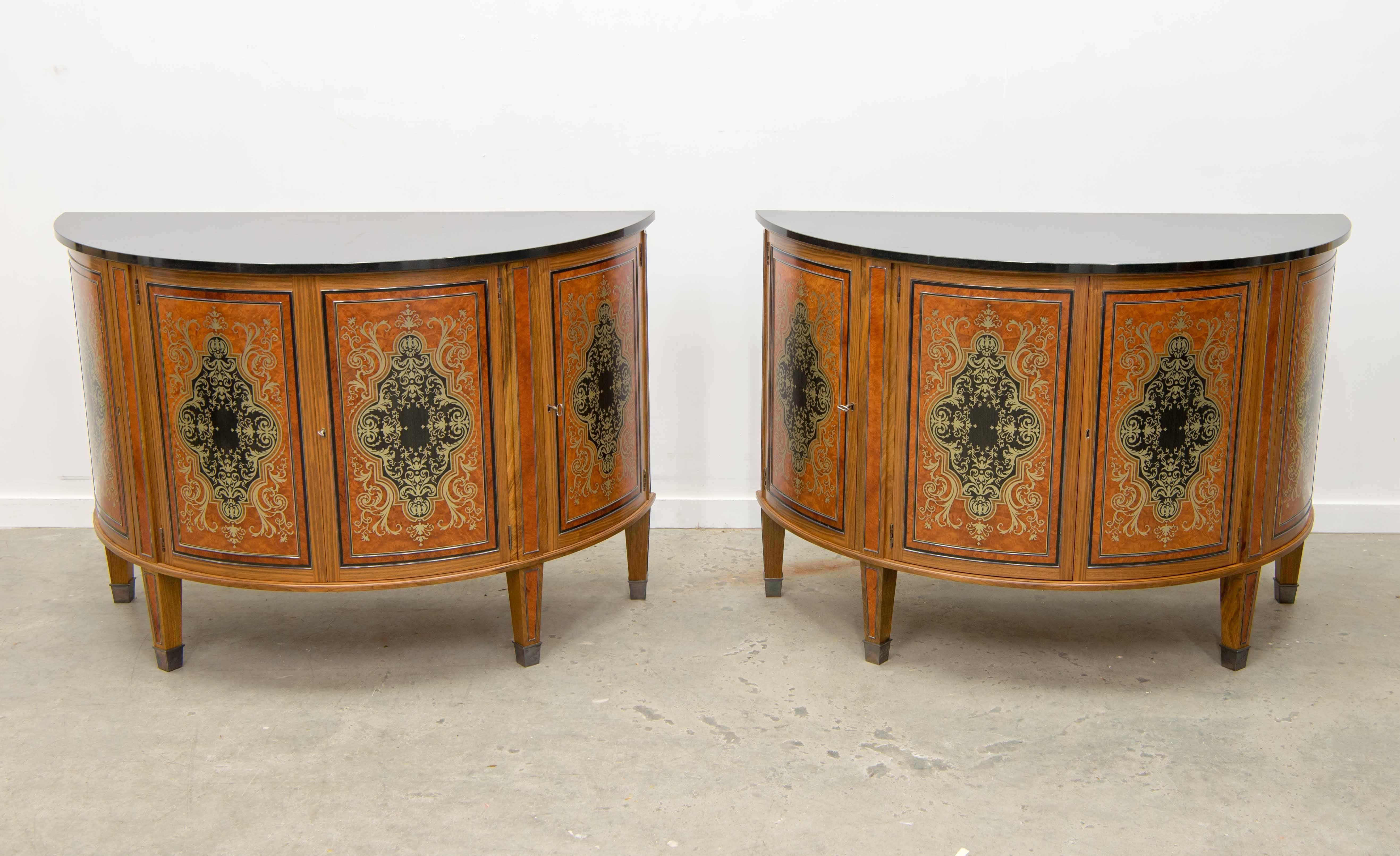 Pair of David Linley Demilune Commodes with Black Marble Top and Boulle Inlay For Sale 3