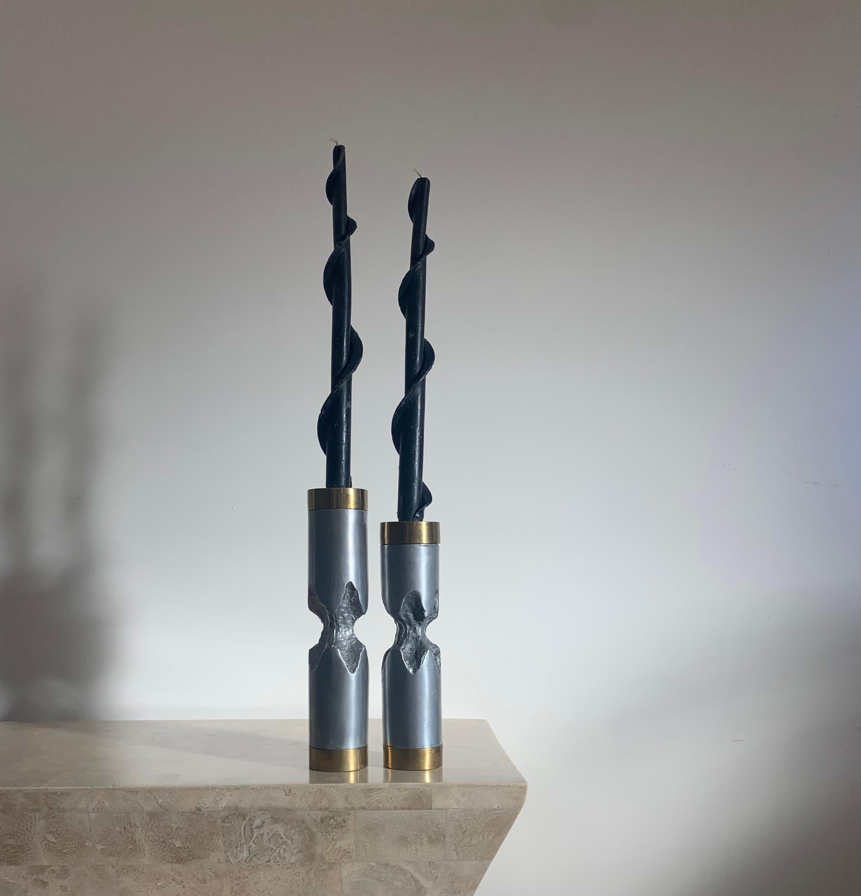 Pair of David Marshall Brutalist Metal Candlesticks, 1970s For Sale 2