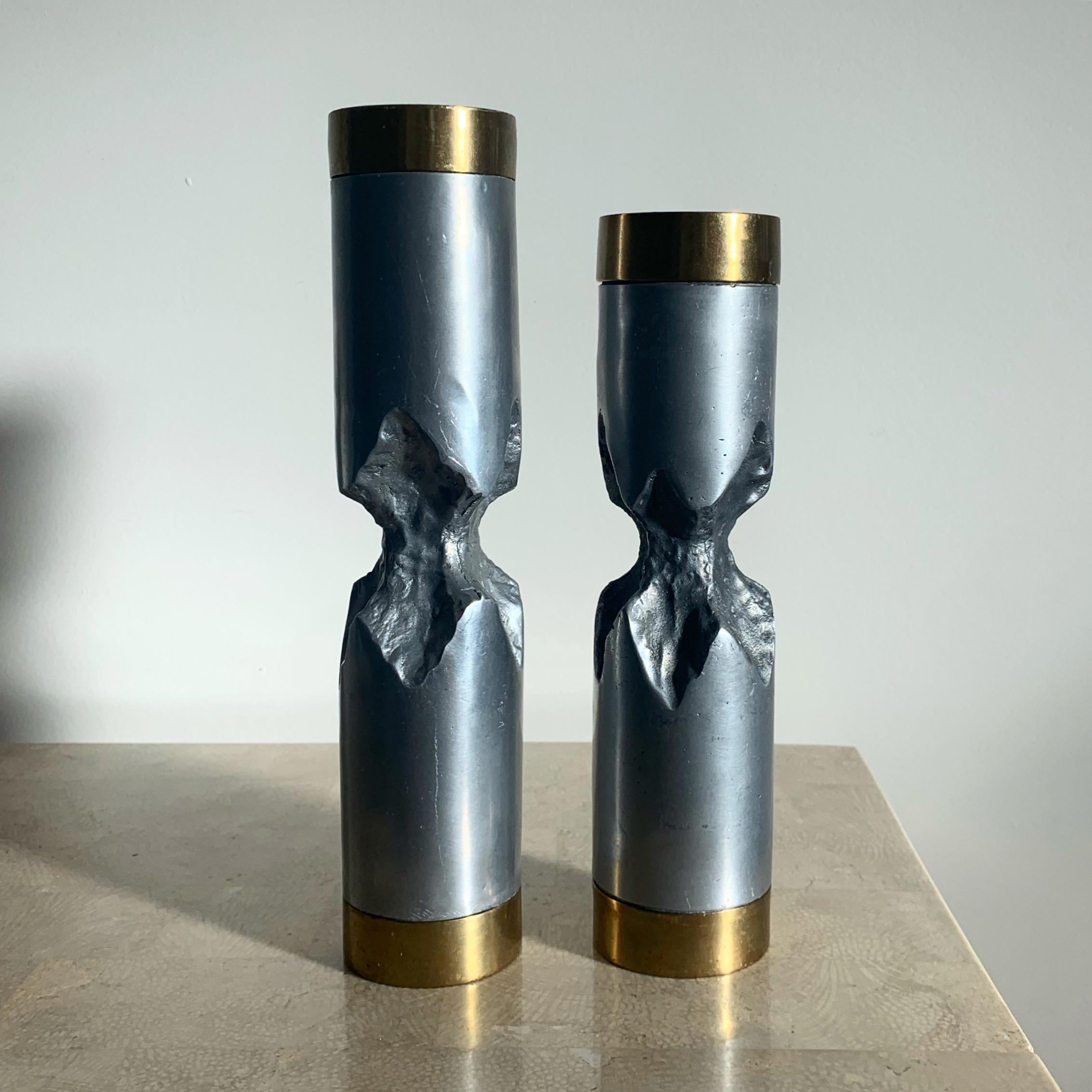 Pair of David Marshall Brutalist Metal Candlesticks, 1970s For Sale 5