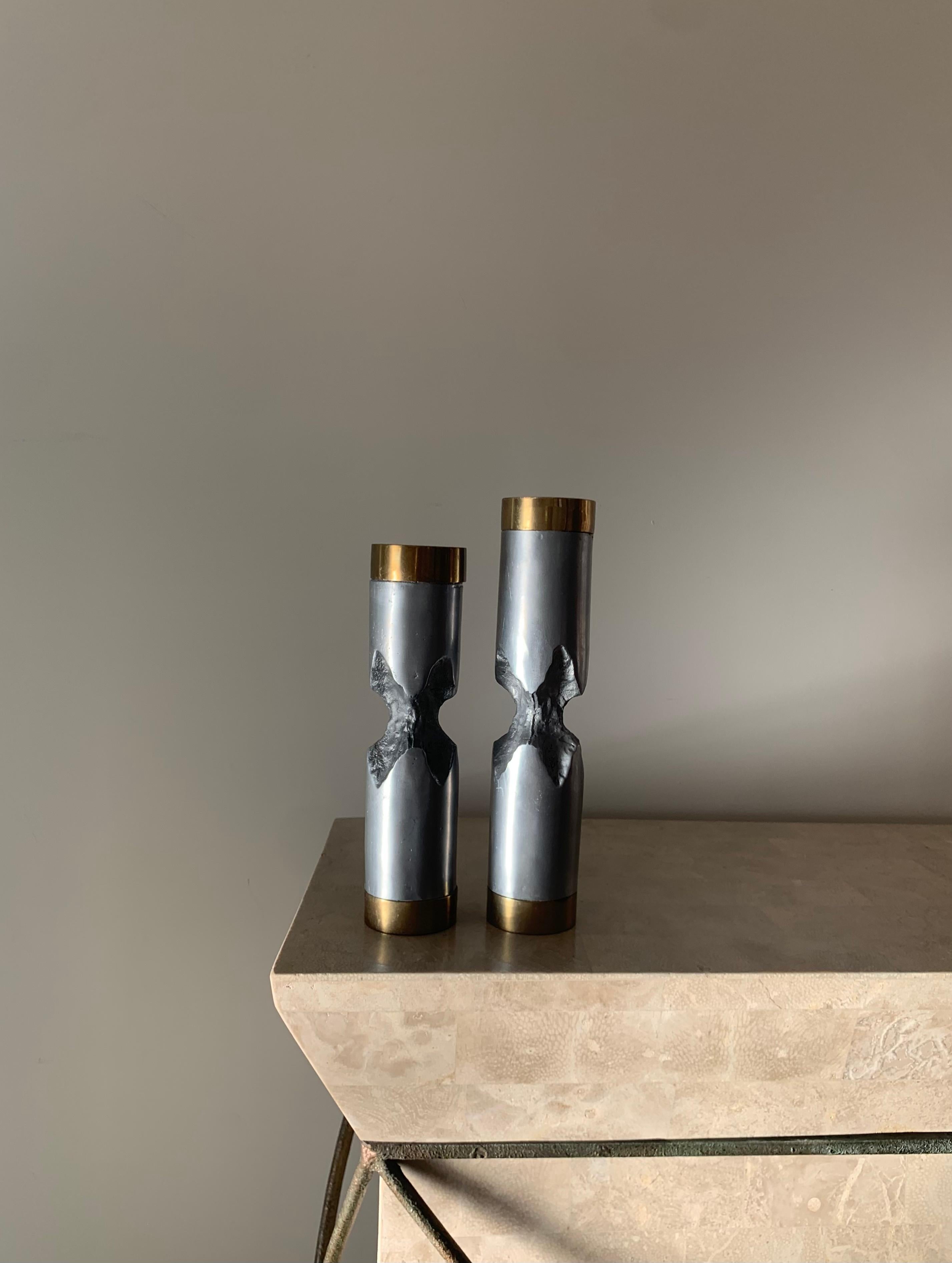 Pair of David Marshall Brutalist Metal Candlesticks, 1970s For Sale 8