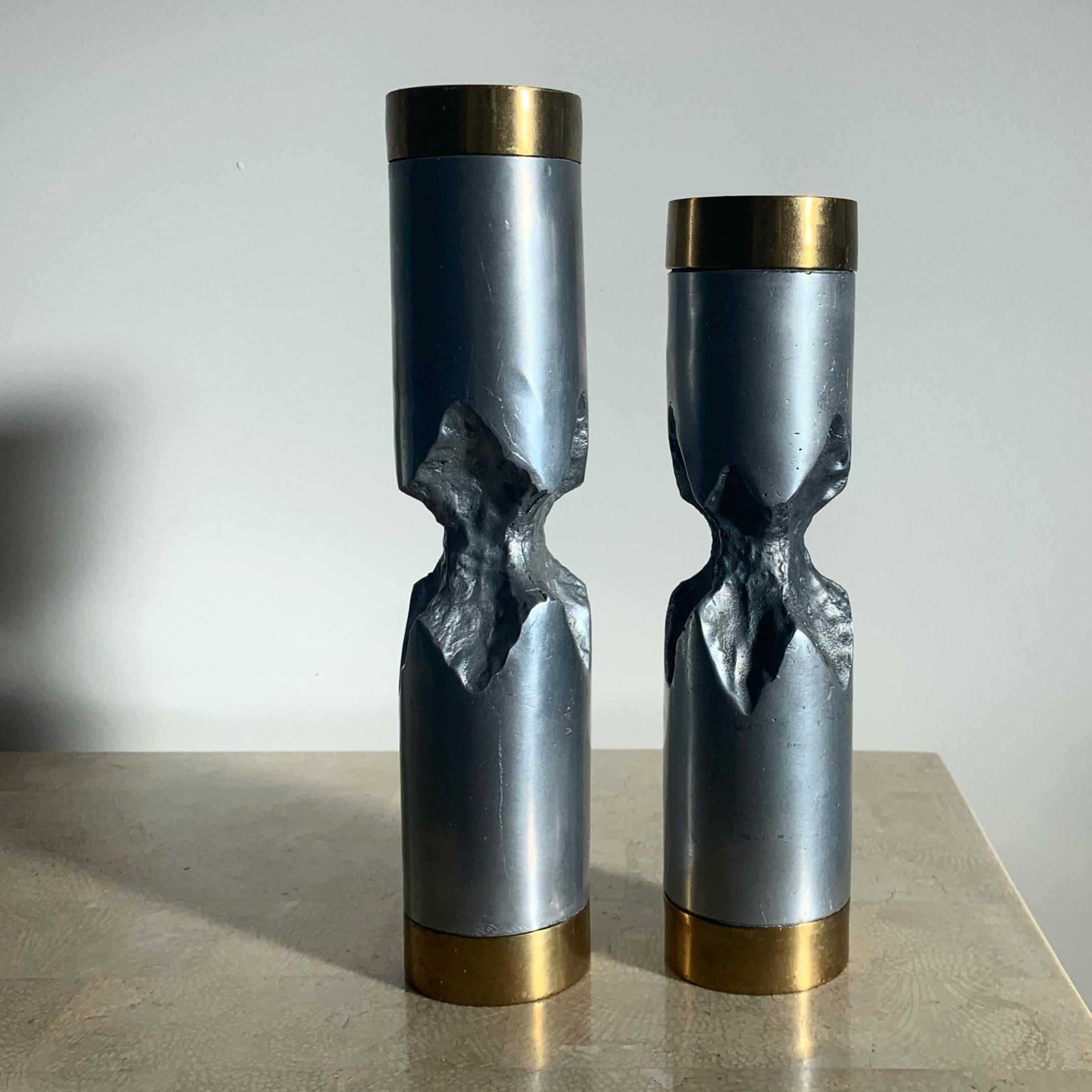 Pair of David Marshall Brutalist Metal Candlesticks, 1970s For Sale 10