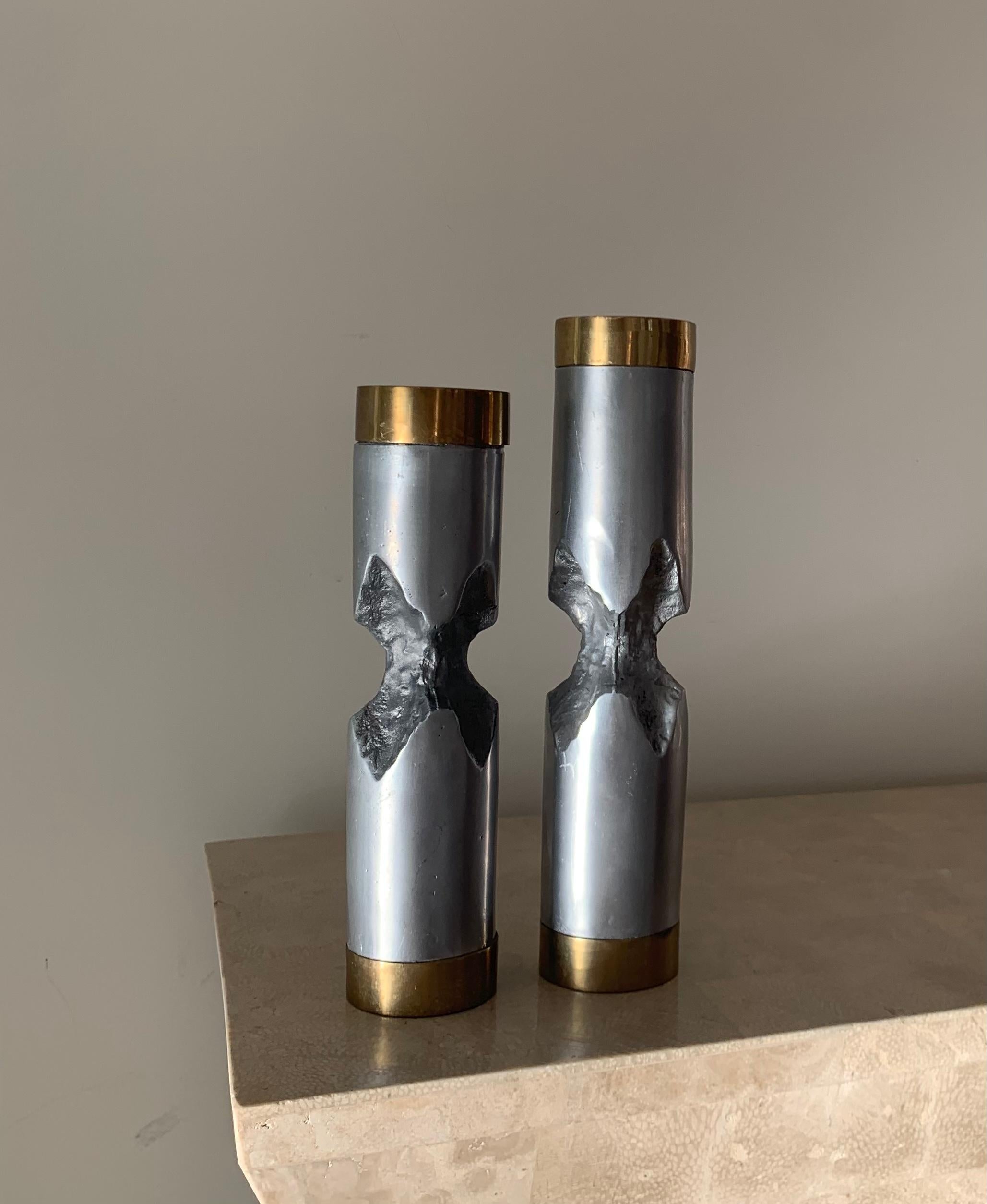 American Pair of David Marshall Brutalist Metal Candlesticks, 1970s For Sale