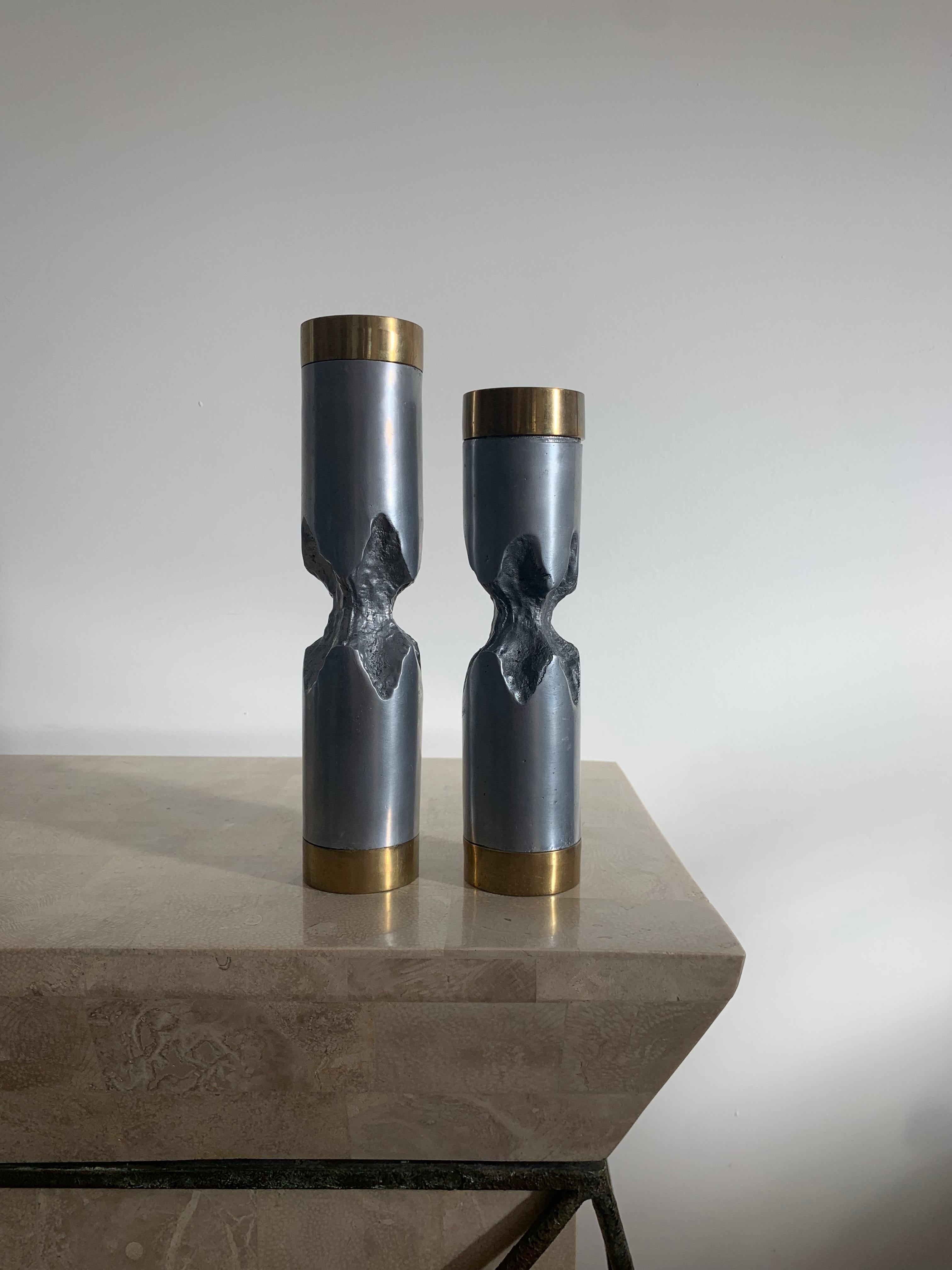 Hand-Crafted Pair of David Marshall Brutalist Metal Candlesticks, 1970s For Sale