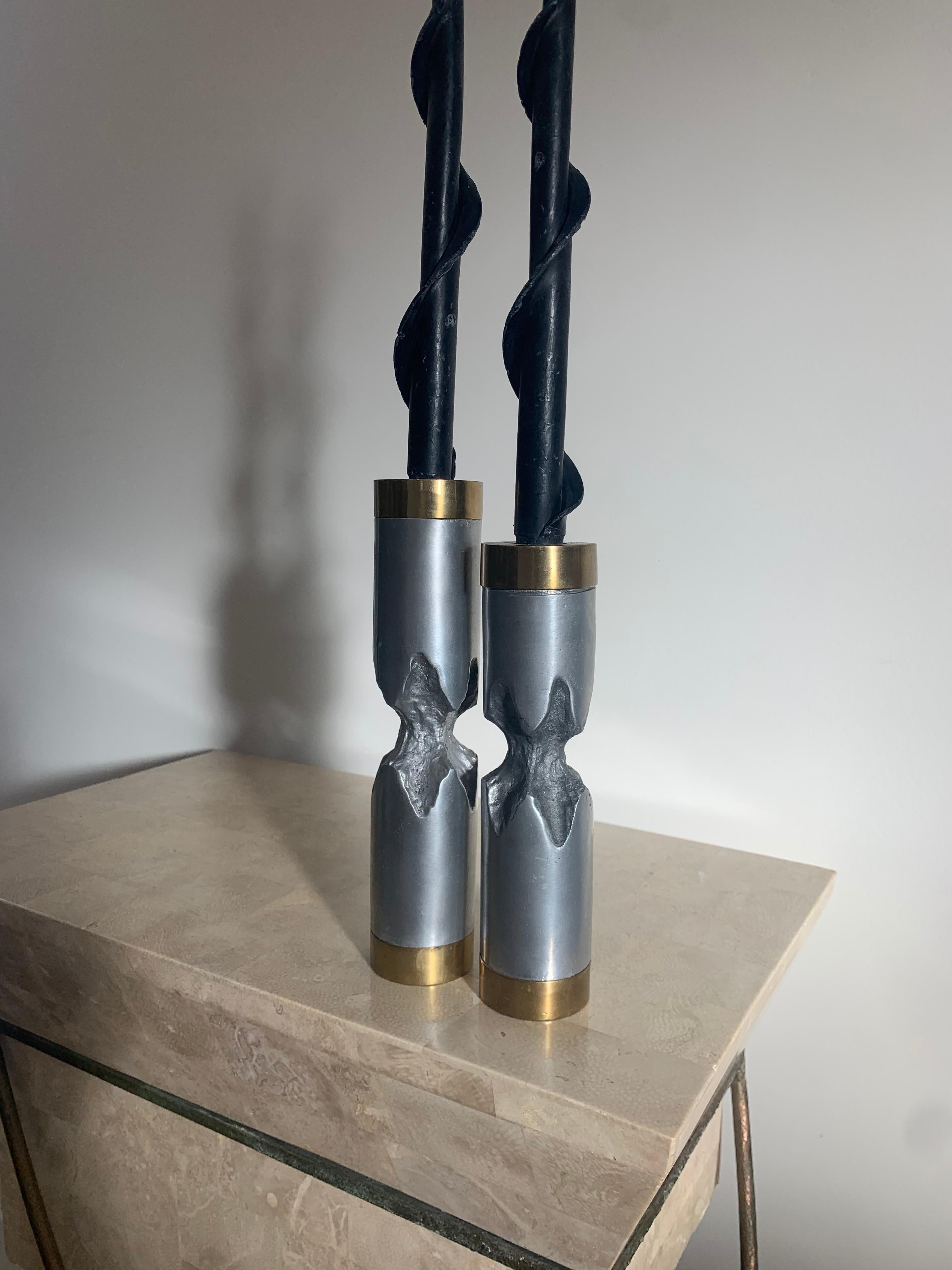 Pair of David Marshall Brutalist Metal Candlesticks, 1970s In Good Condition For Sale In View Park, CA