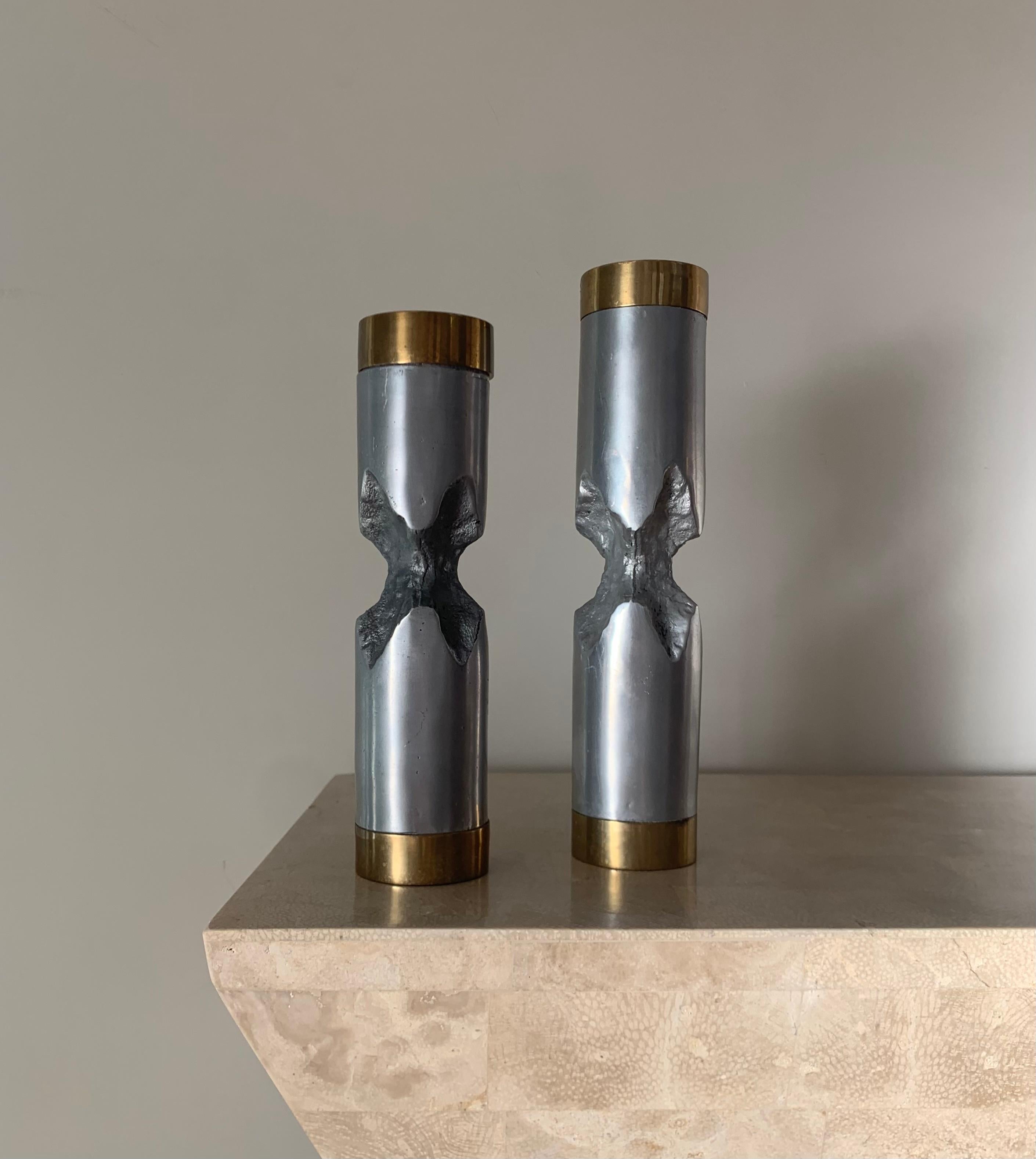 Late 20th Century Pair of David Marshall Brutalist Metal Candlesticks, 1970s For Sale