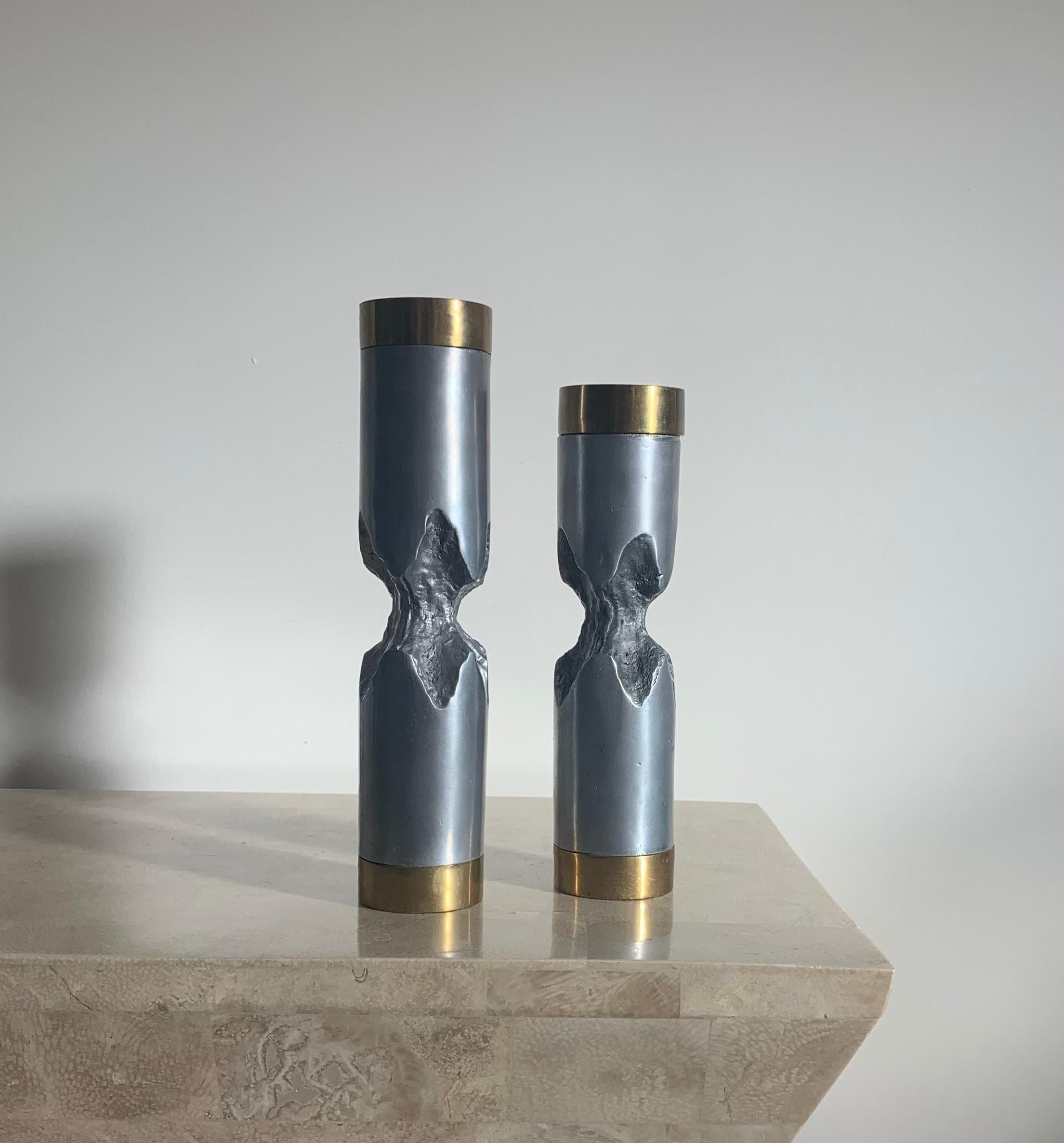 Pair of David Marshall Brutalist Metal Candlesticks, 1970s For Sale 1