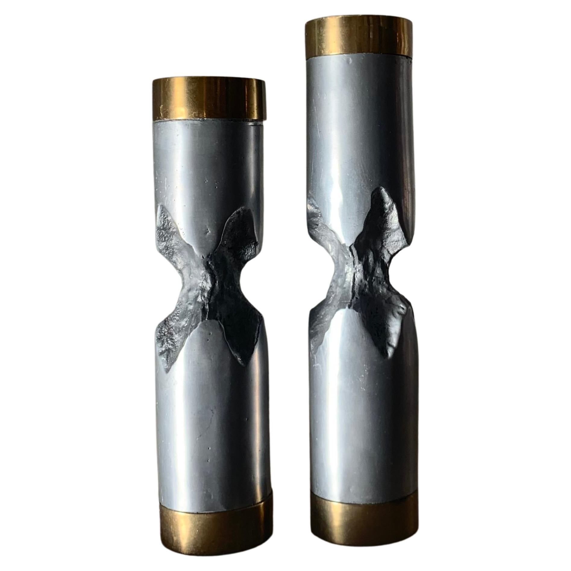 Pair of David Marshall Brutalist Metal Candlesticks, 1970s For Sale