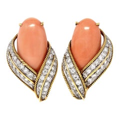 Retro Pair of David Webb Rosebud Pink Coral and Diamond Clip-On Earrings