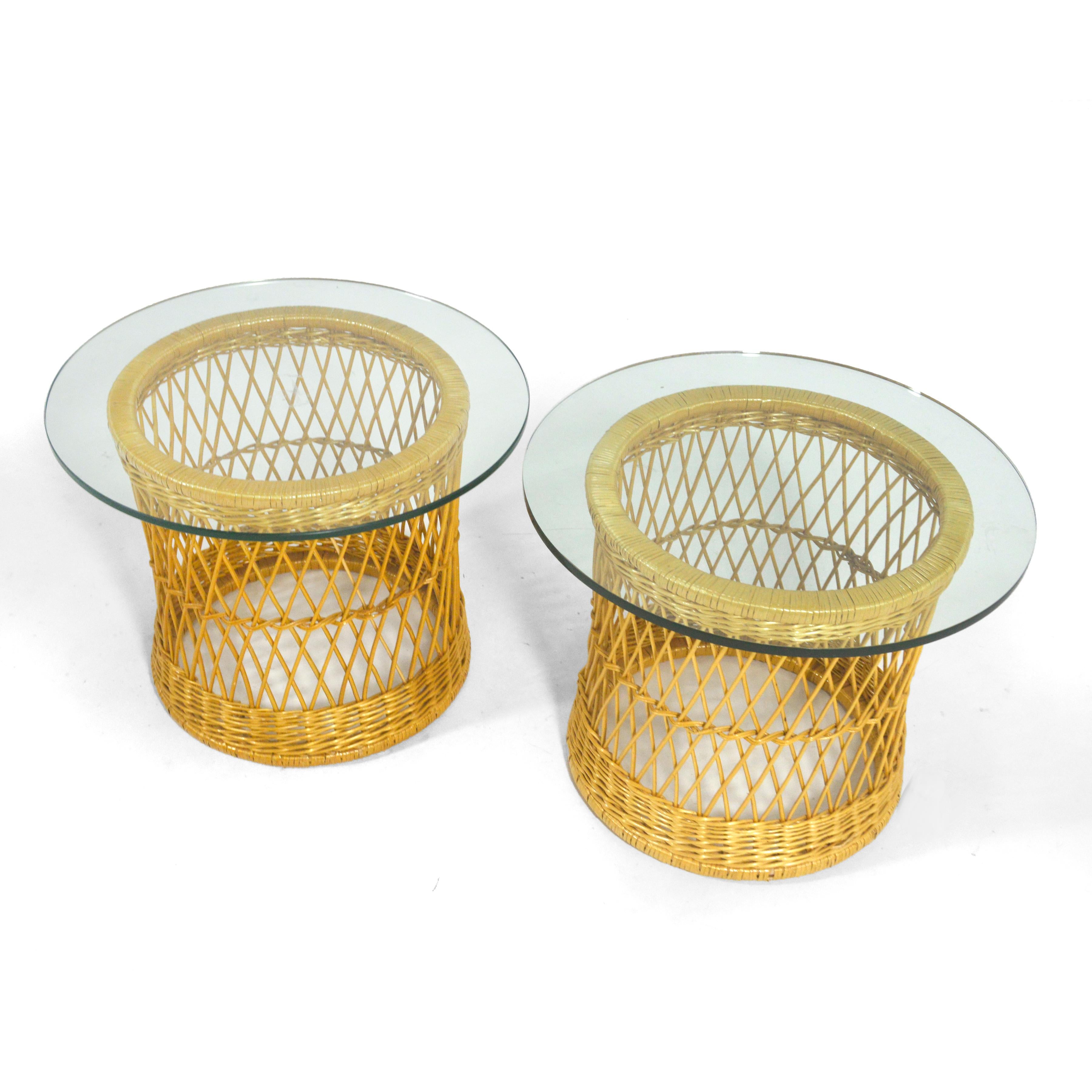 Cane Pair of Davis Allen Round End Tables by McGuire