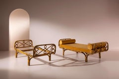 Pair of daybeds in rattan and bamboo with velvet upholstery, Italy, 1960s