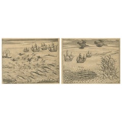 Pair of De Bry Engravings of Birds, Fish & Sea Plants en Route to India, c.1598