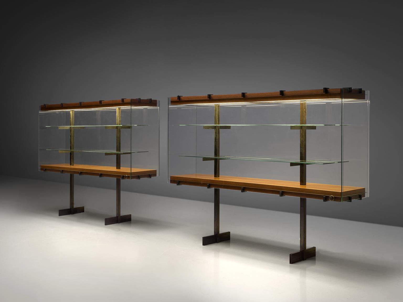 De Coene, vitrines, wood, steel and glass, Belgium, 1960s.

Large modernist showcases with two doors on the side all original glass and in good condition. Accompanied with steel and wood frames. The vitrine features the Brutalist and muscular