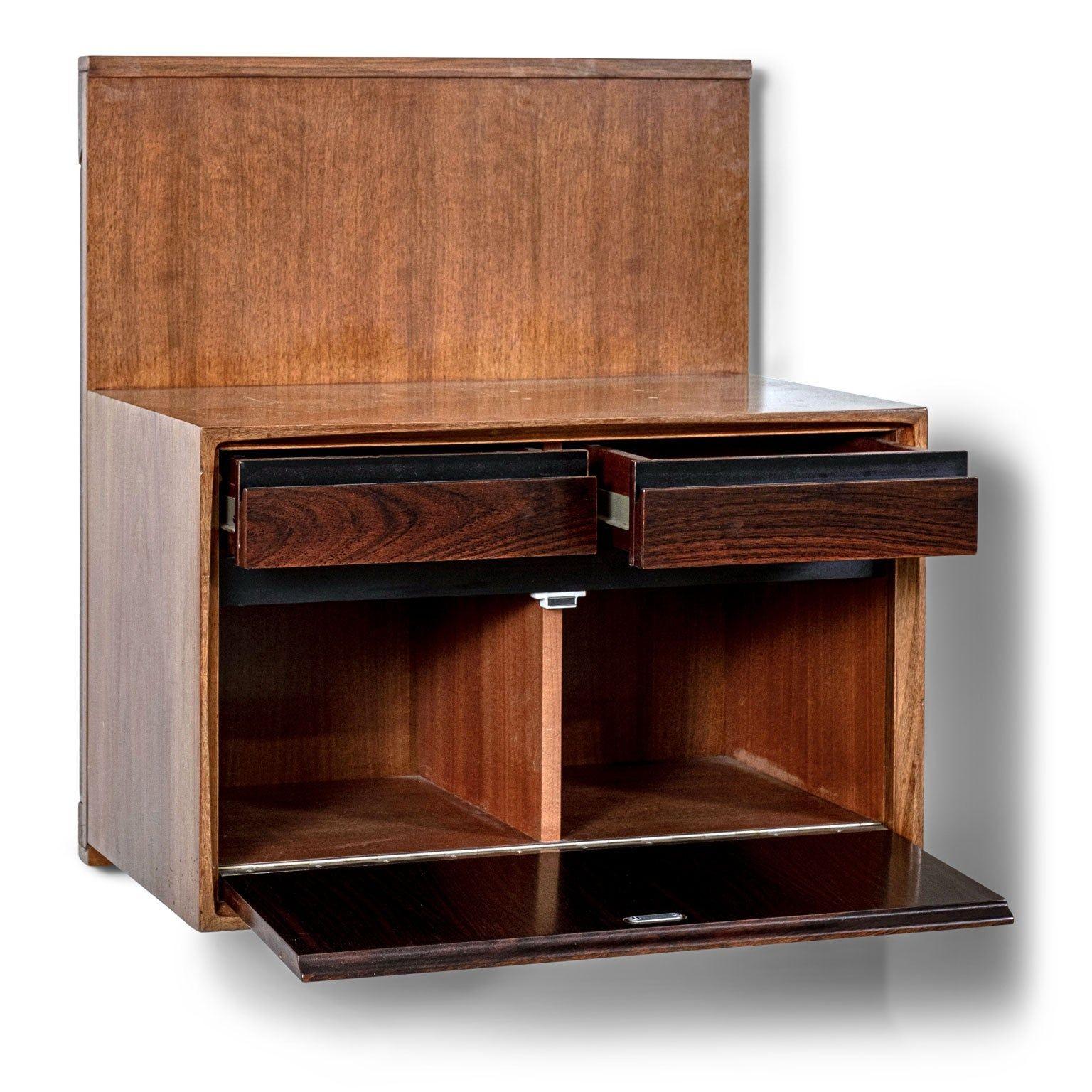 Mid-Century Modern Pair of De Coene Wall-Mounted Bedside Tables in Walnut and Rosewood For Sale