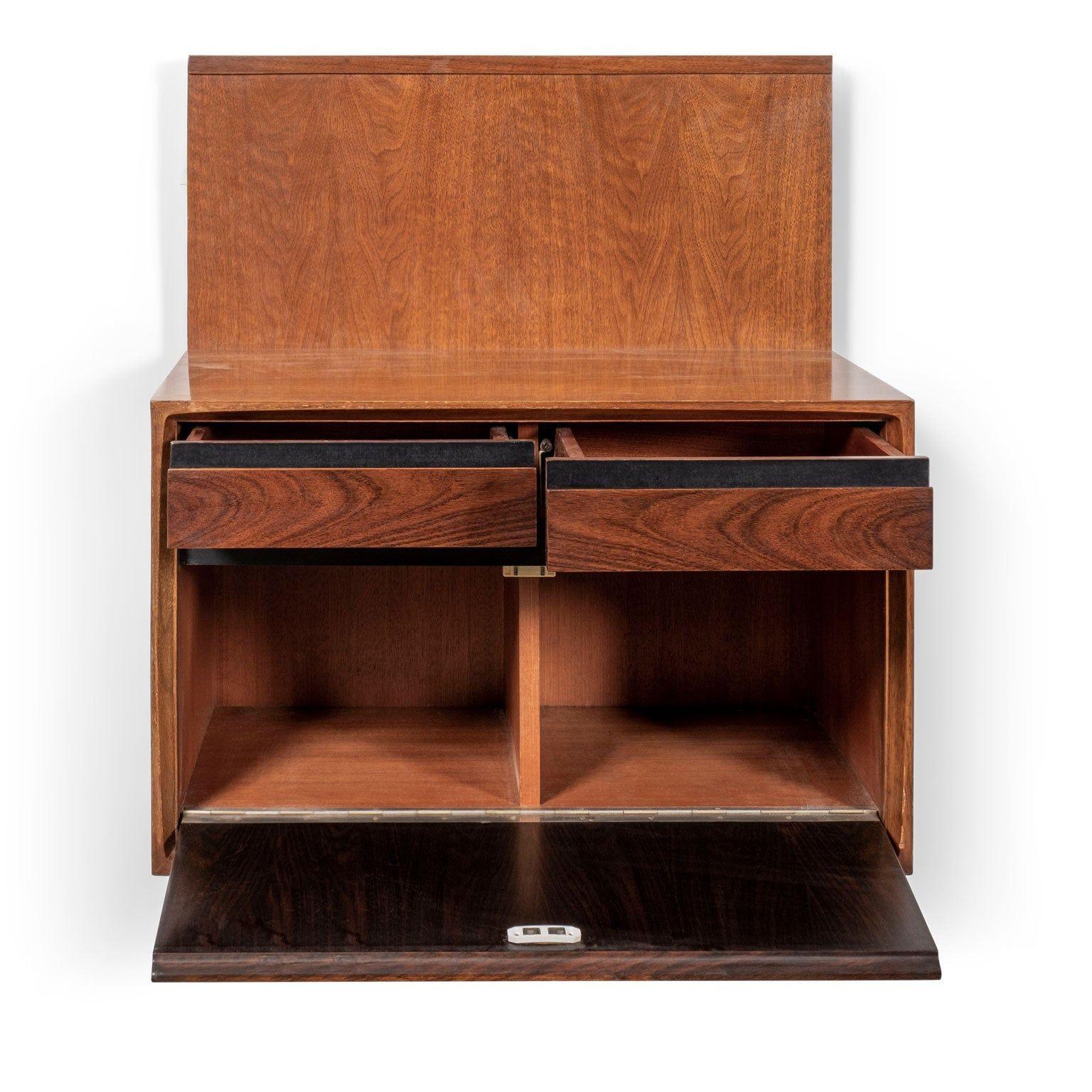Belgian Pair of De Coene Wall-Mounted Bedside Tables in Walnut and Rosewood For Sale