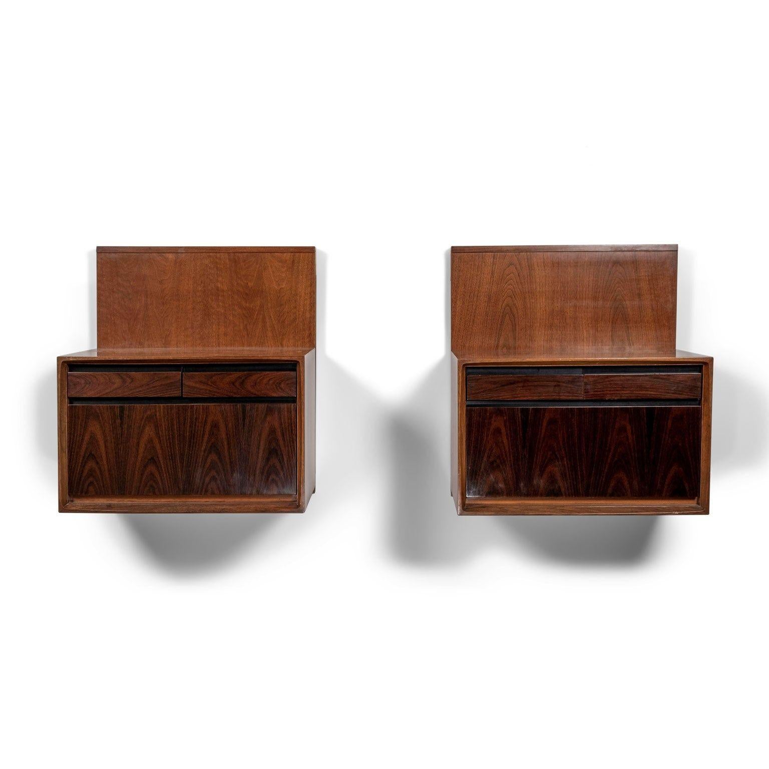 Carved Pair of De Coene Wall-Mounted Bedside Tables in Walnut and Rosewood For Sale