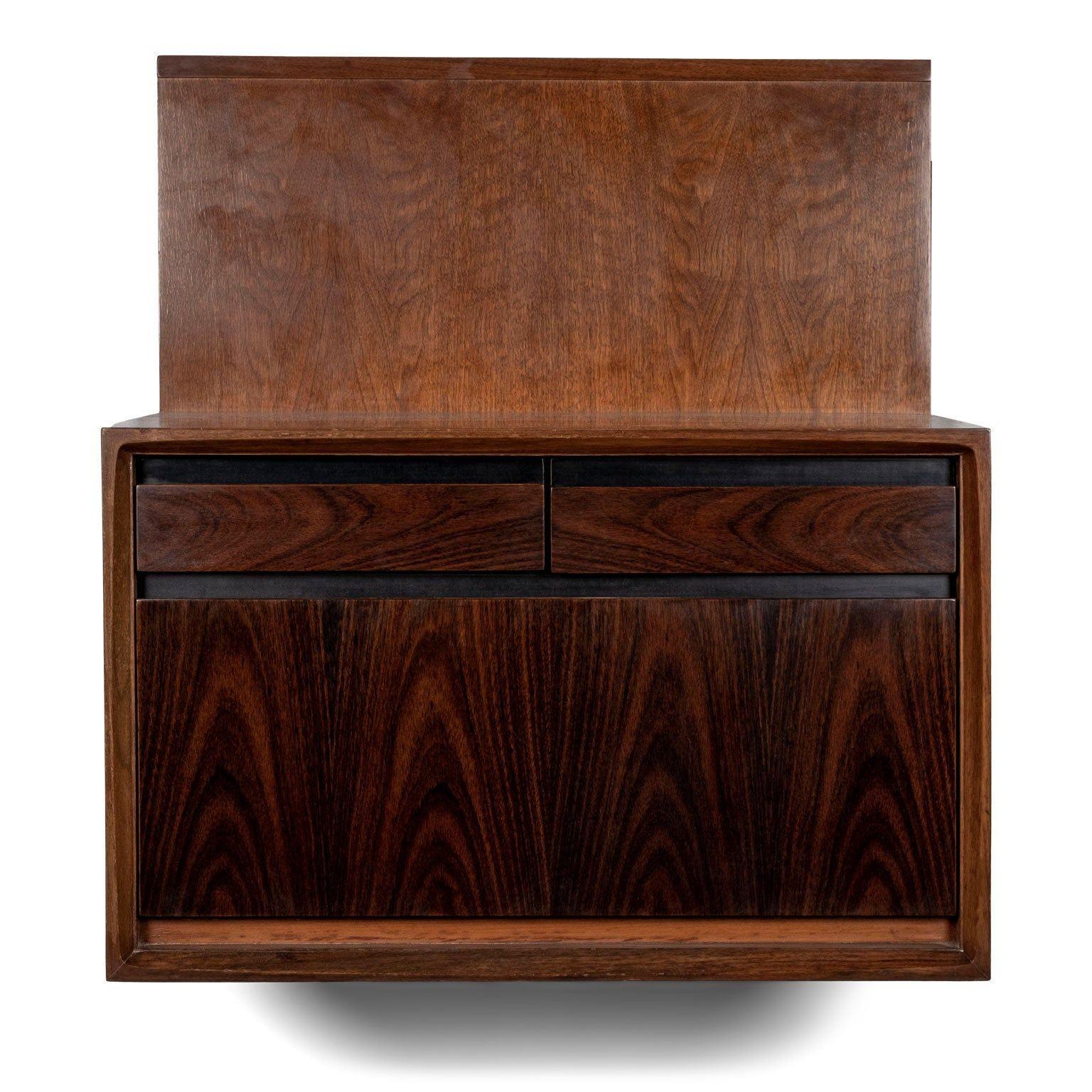 Brass Pair of De Coene Wall-Mounted Bedside Tables in Walnut and Rosewood For Sale